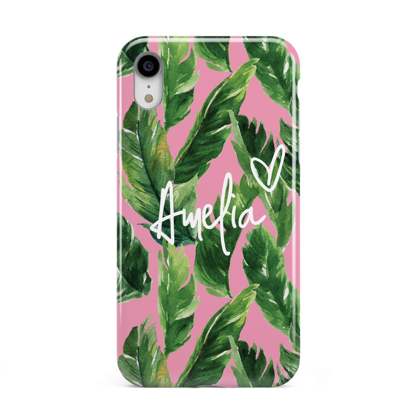 Personalised Pink Green Banana Leaf Apple iPhone XR White 3D Tough Case