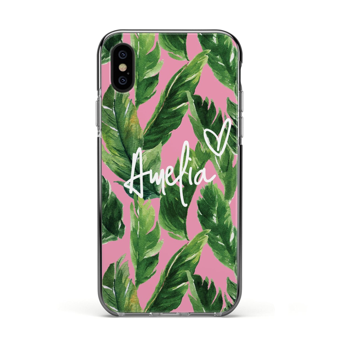 Personalised Pink Green Banana Leaf Apple iPhone Xs Impact Case Black Edge on Black Phone