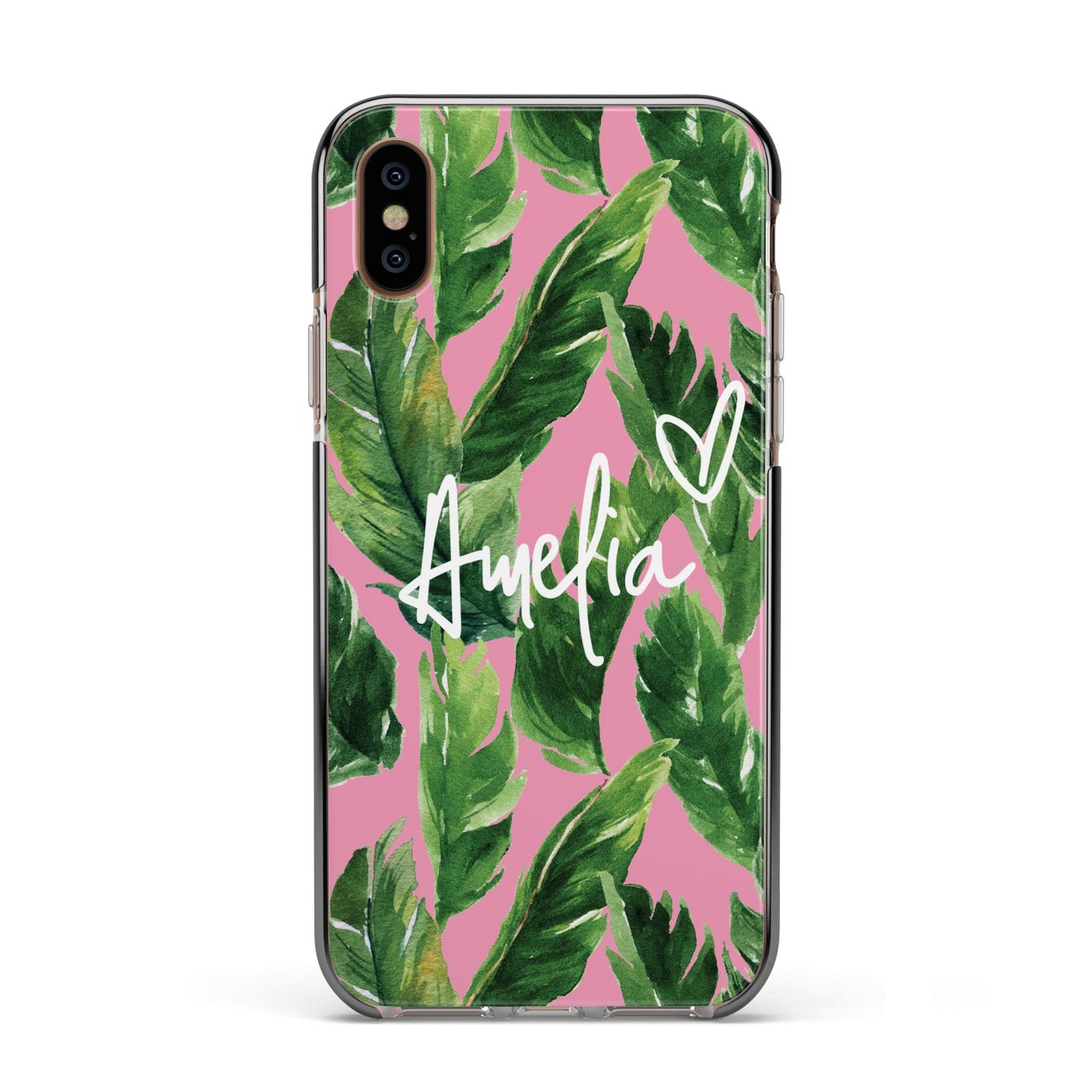 Personalised Pink Green Banana Leaf Apple iPhone Xs Impact Case Black Edge on Gold Phone