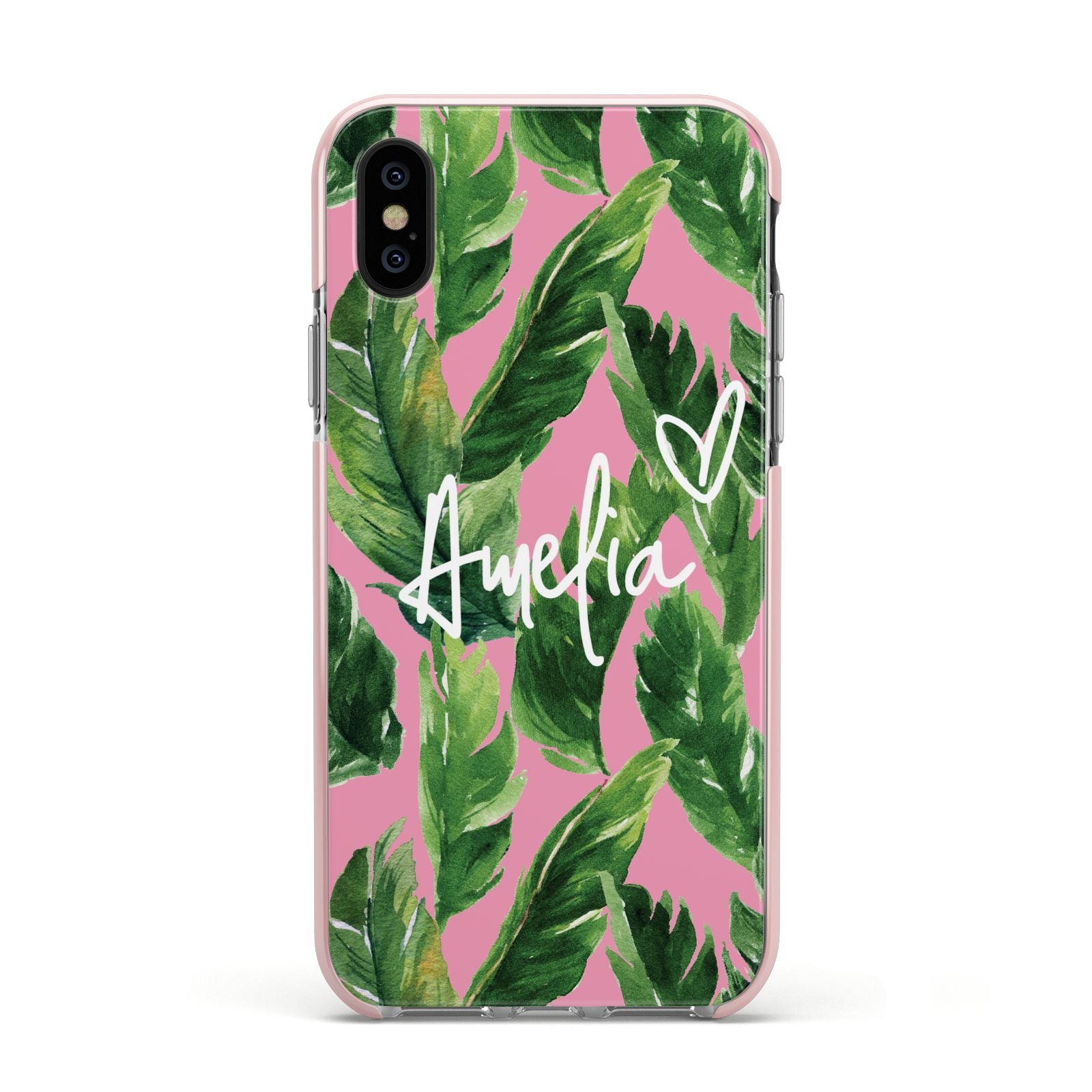 Personalised Pink Green Banana Leaf Apple iPhone Xs Impact Case Pink Edge on Black Phone