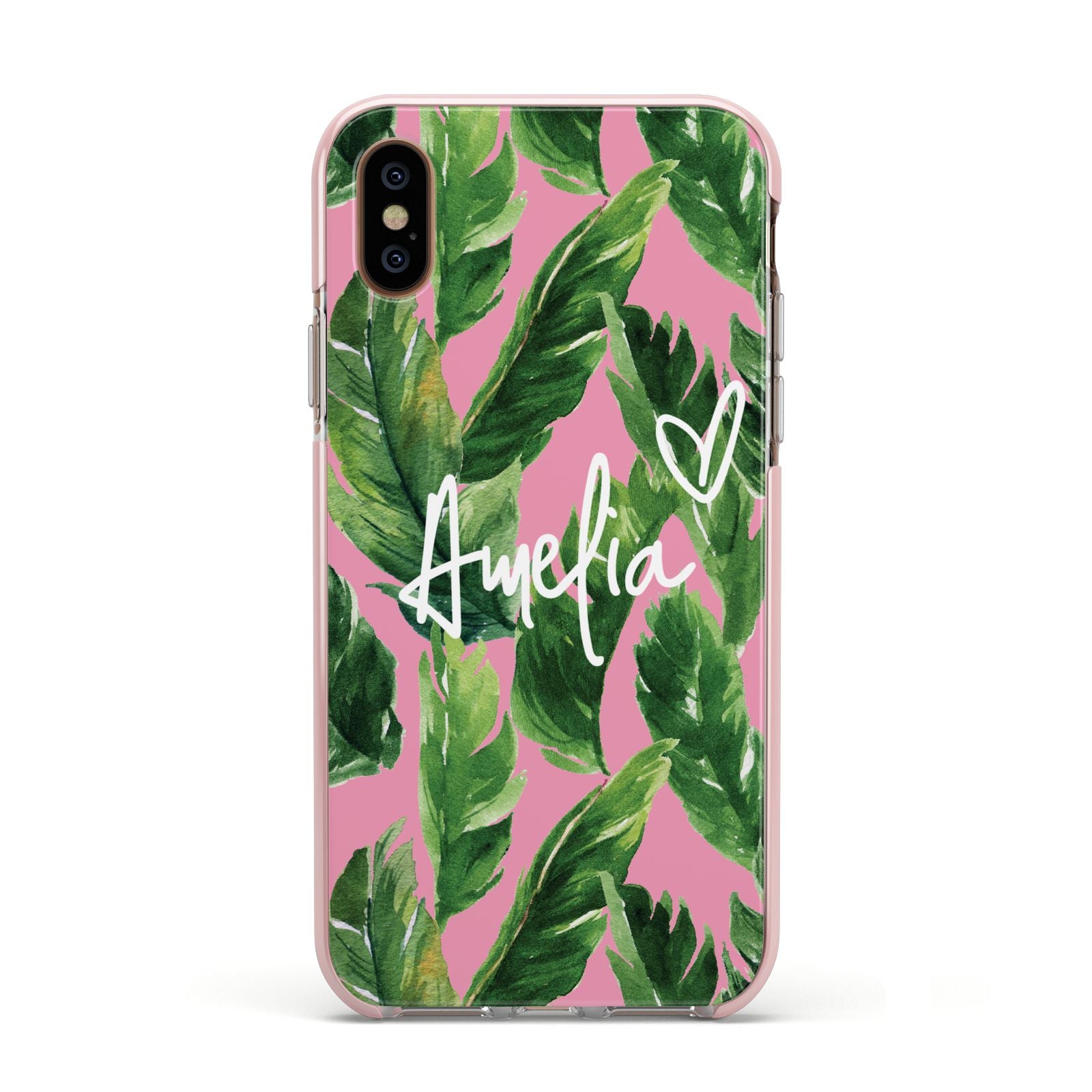 Personalised Pink Green Banana Leaf Apple iPhone Xs Impact Case Pink Edge on Gold Phone