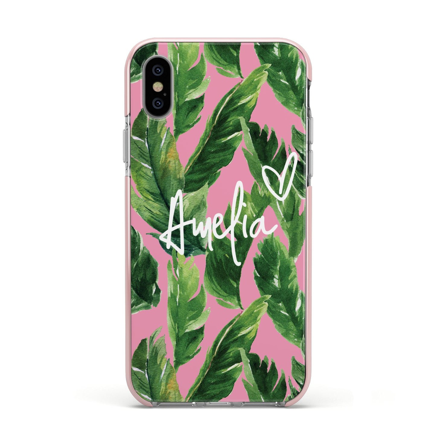 Personalised Pink Green Banana Leaf Apple iPhone Xs Impact Case Pink Edge on Silver Phone