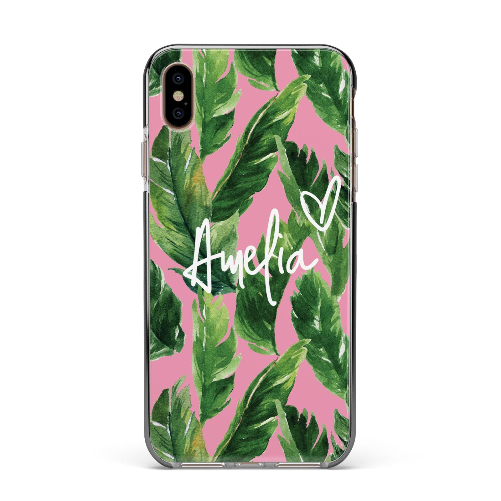 Personalised Pink Green Banana Leaf Apple iPhone Xs Max Impact Case Black Edge on Gold Phone