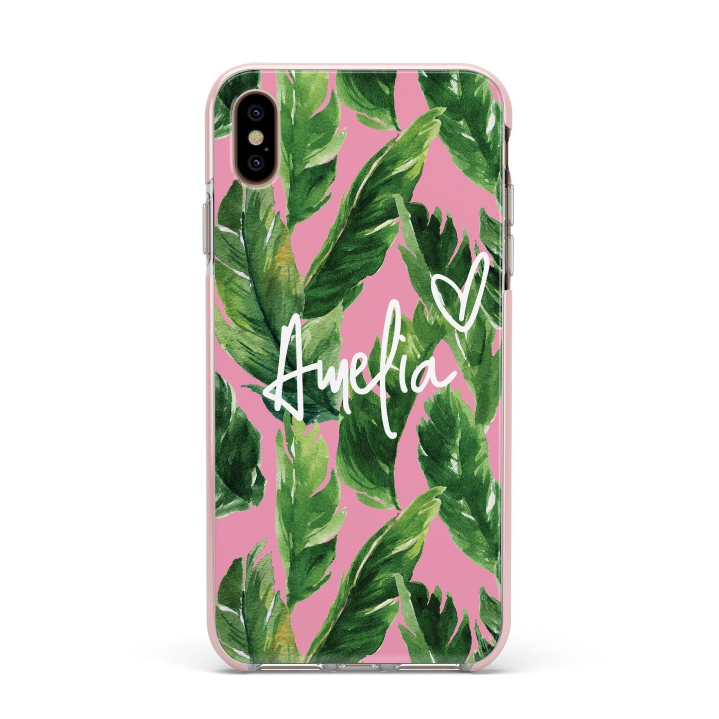 Personalised Pink Green Banana Leaf Apple iPhone Xs Max Impact Case Pink Edge on Gold Phone