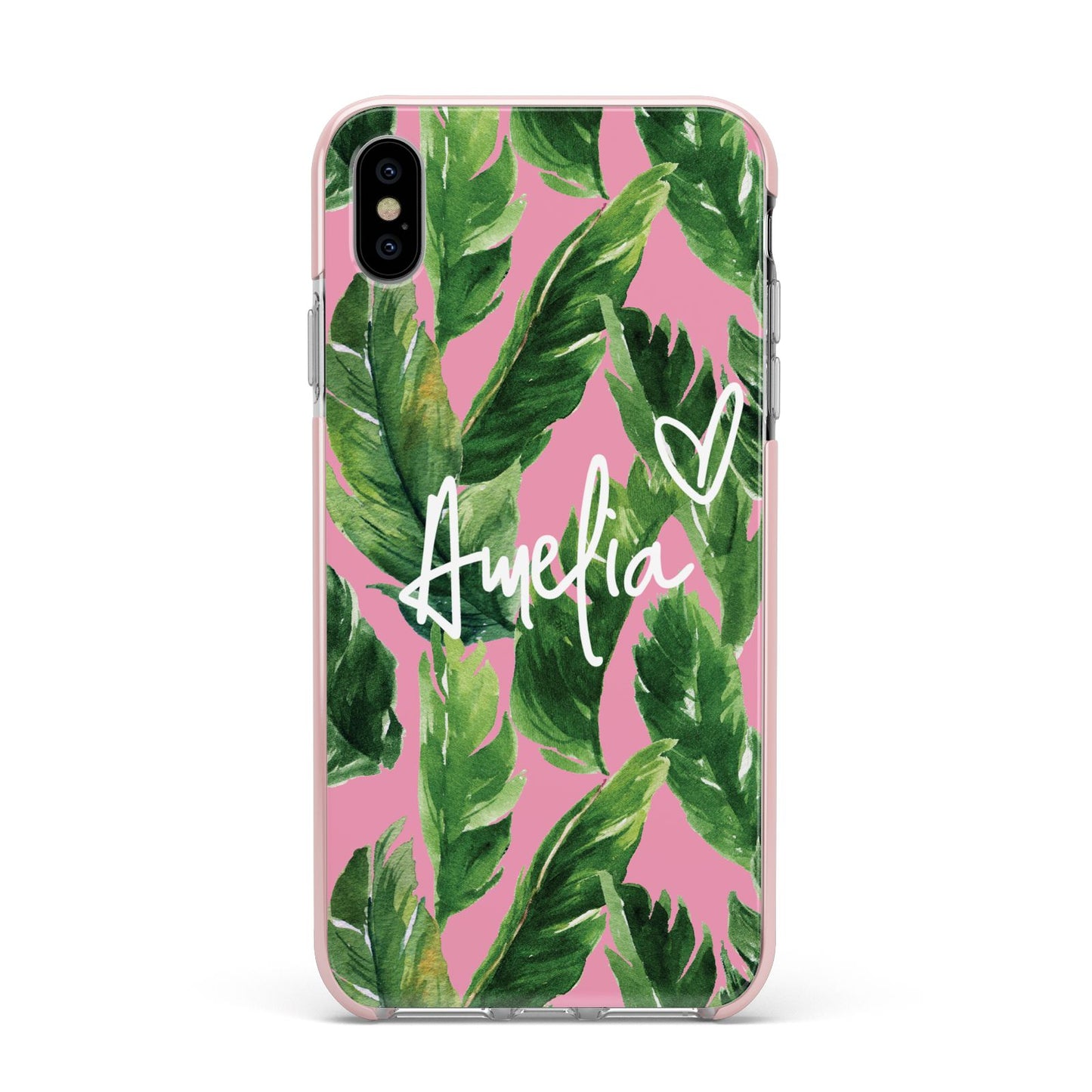 Personalised Pink Green Banana Leaf Apple iPhone Xs Max Impact Case Pink Edge on Silver Phone