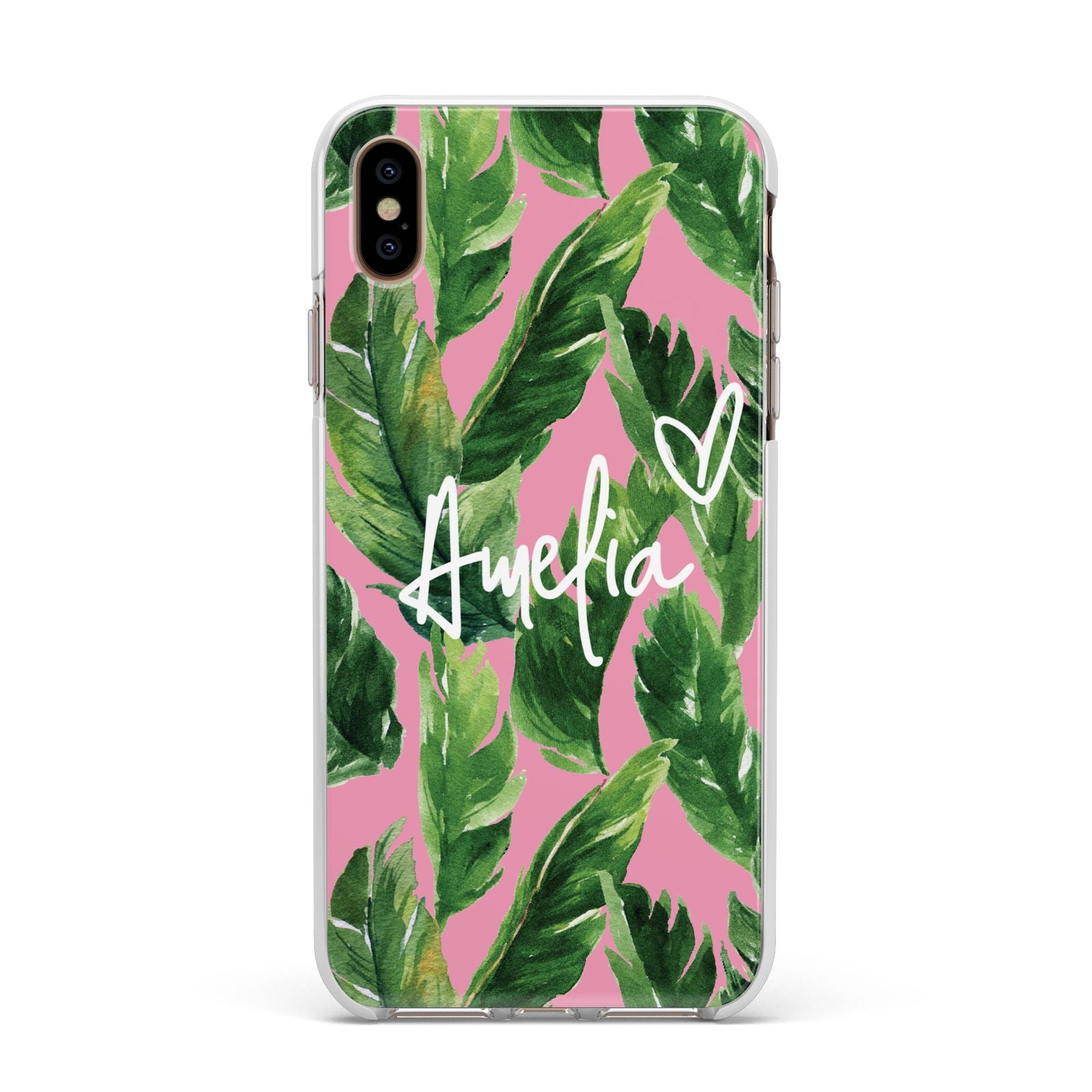 Personalised Pink Green Banana Leaf Apple iPhone Xs Max Impact Case White Edge on Gold Phone