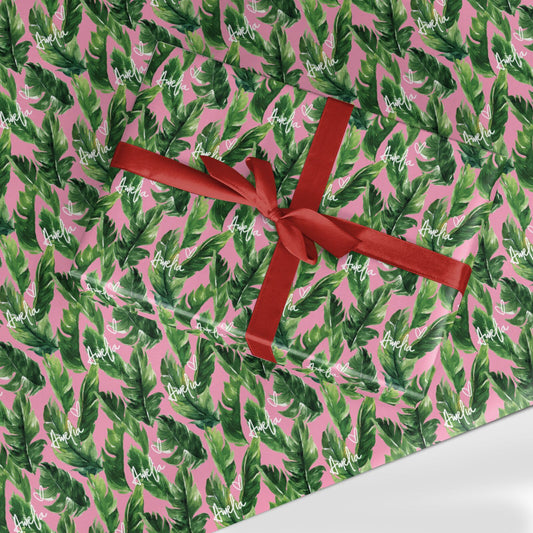 Personalised Pink Green Banana Leaf Custom Wrapping Paper