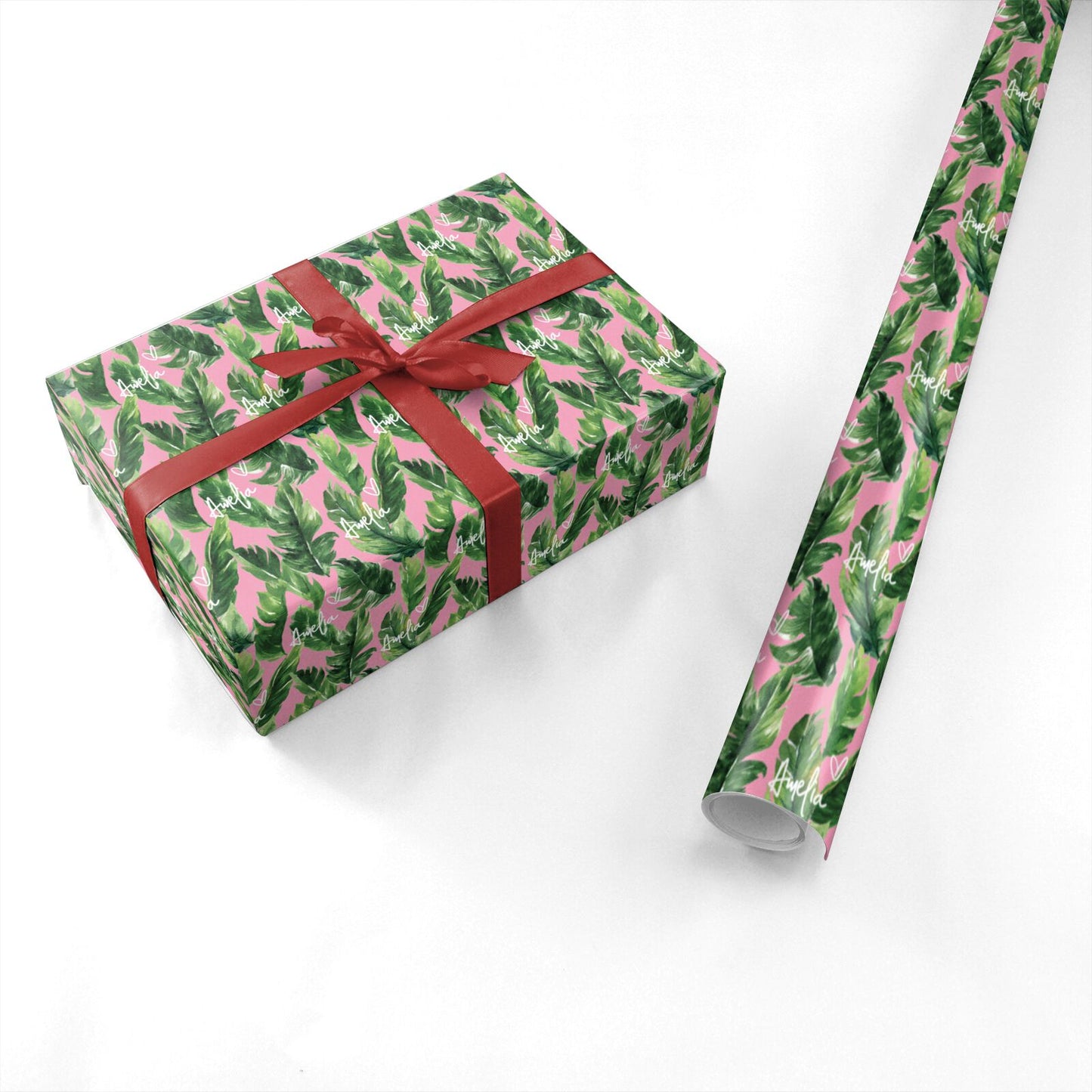 Personalised Pink Green Banana Leaf Personalised Wrapping Paper