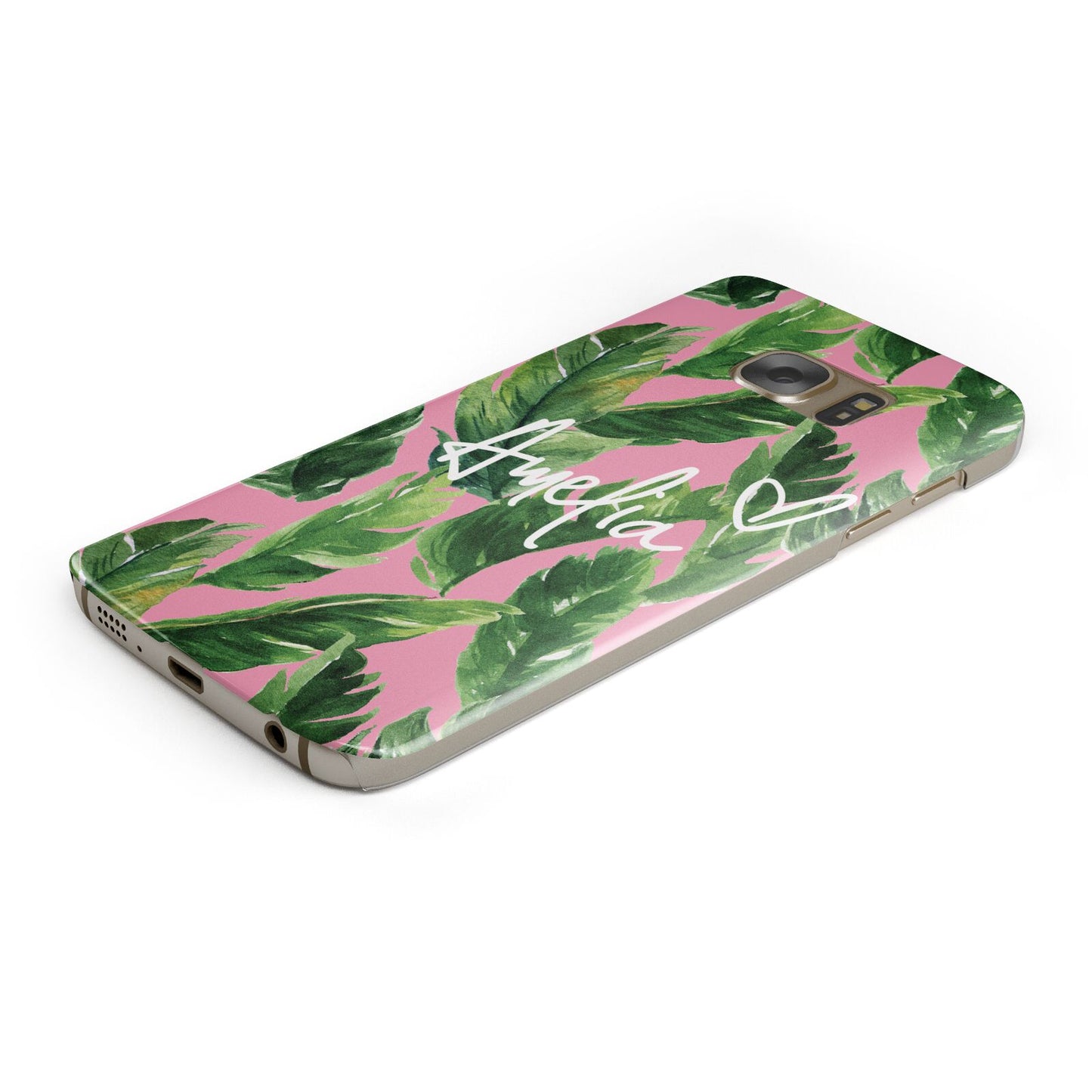 Personalised Pink Green Banana Leaf Protective Samsung Galaxy Case Angled Image