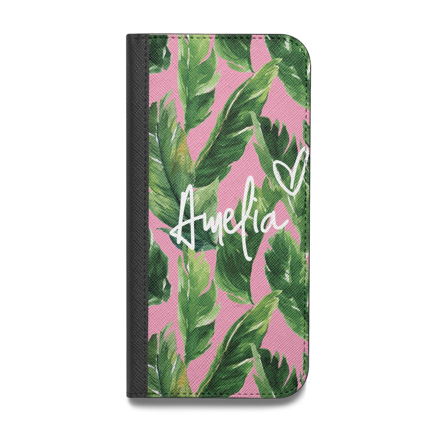 Personalised Pink Green Banana Leaf Vegan Leather Flip iPhone Case