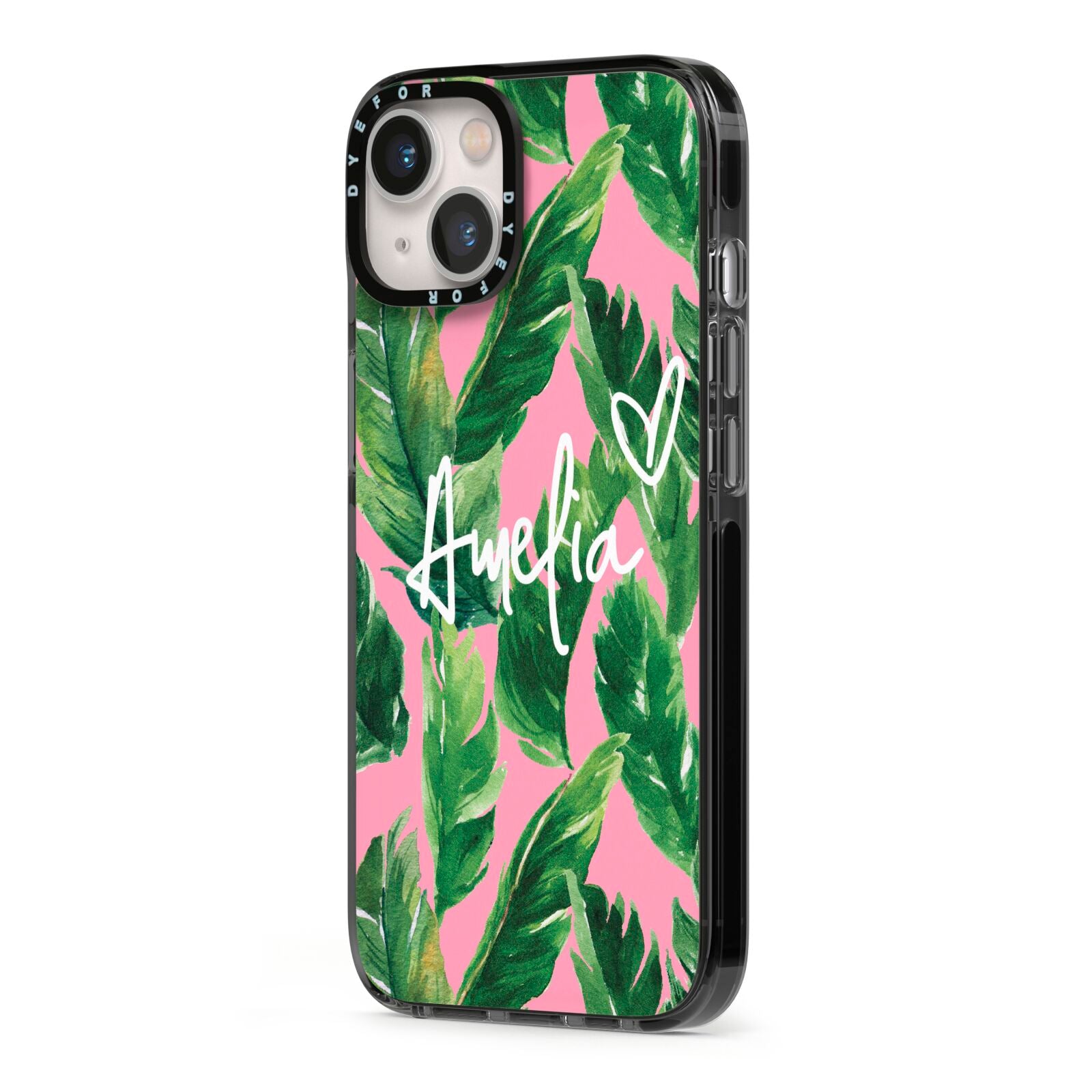 Personalised Pink Green Banana Leaf iPhone 13 Black Impact Case Side Angle on Silver phone