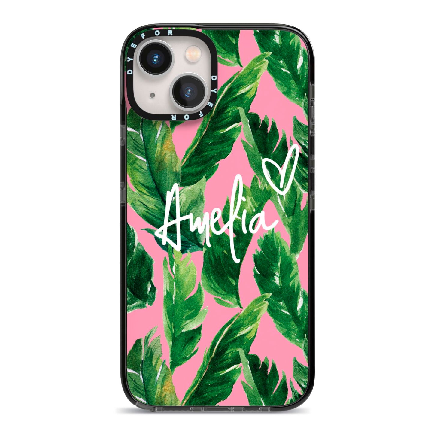 Personalised Pink Green Banana Leaf iPhone 13 Black Impact Case on Silver phone