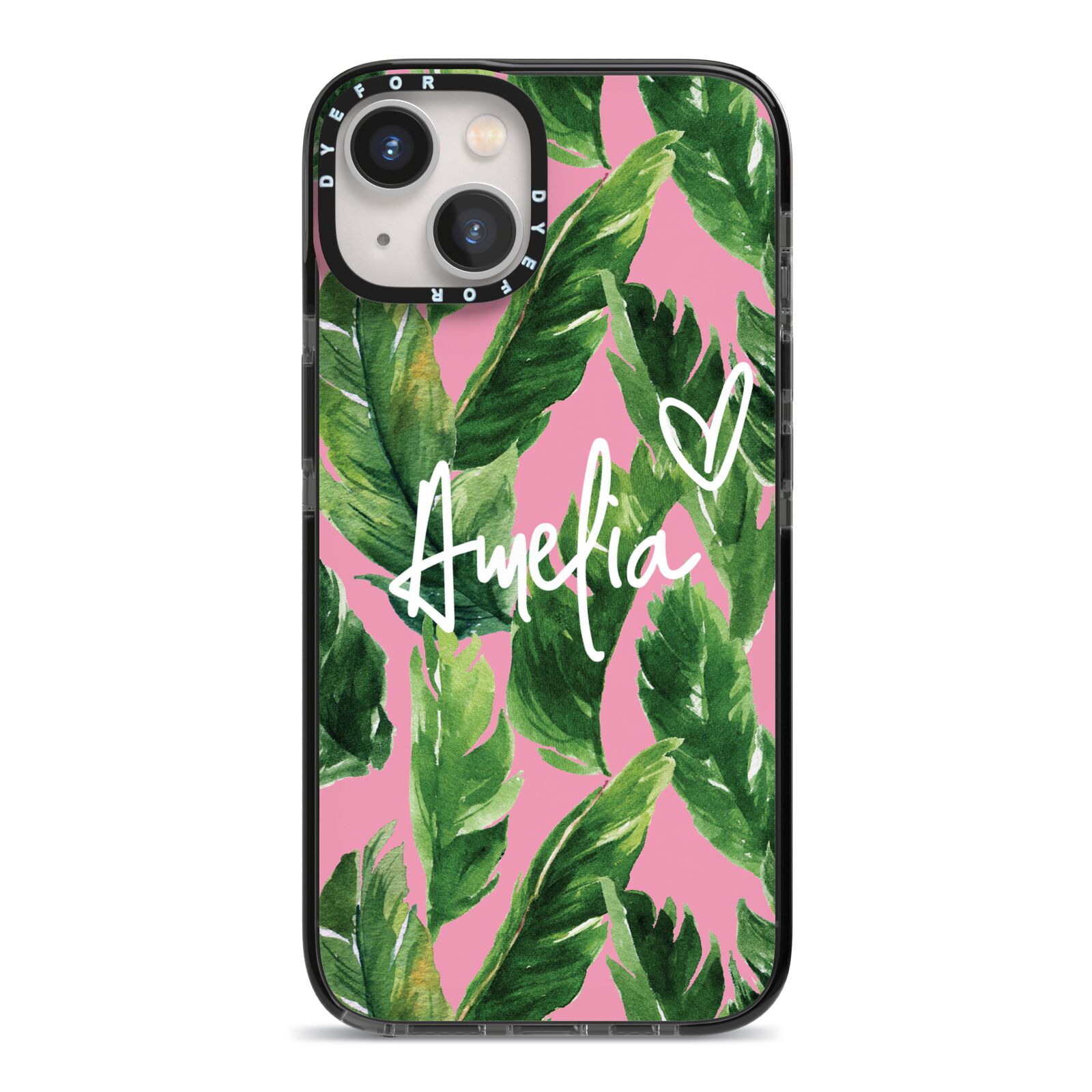 Personalised Pink Green Banana Leaf iPhone 13 Black Impact Case on Silver phone