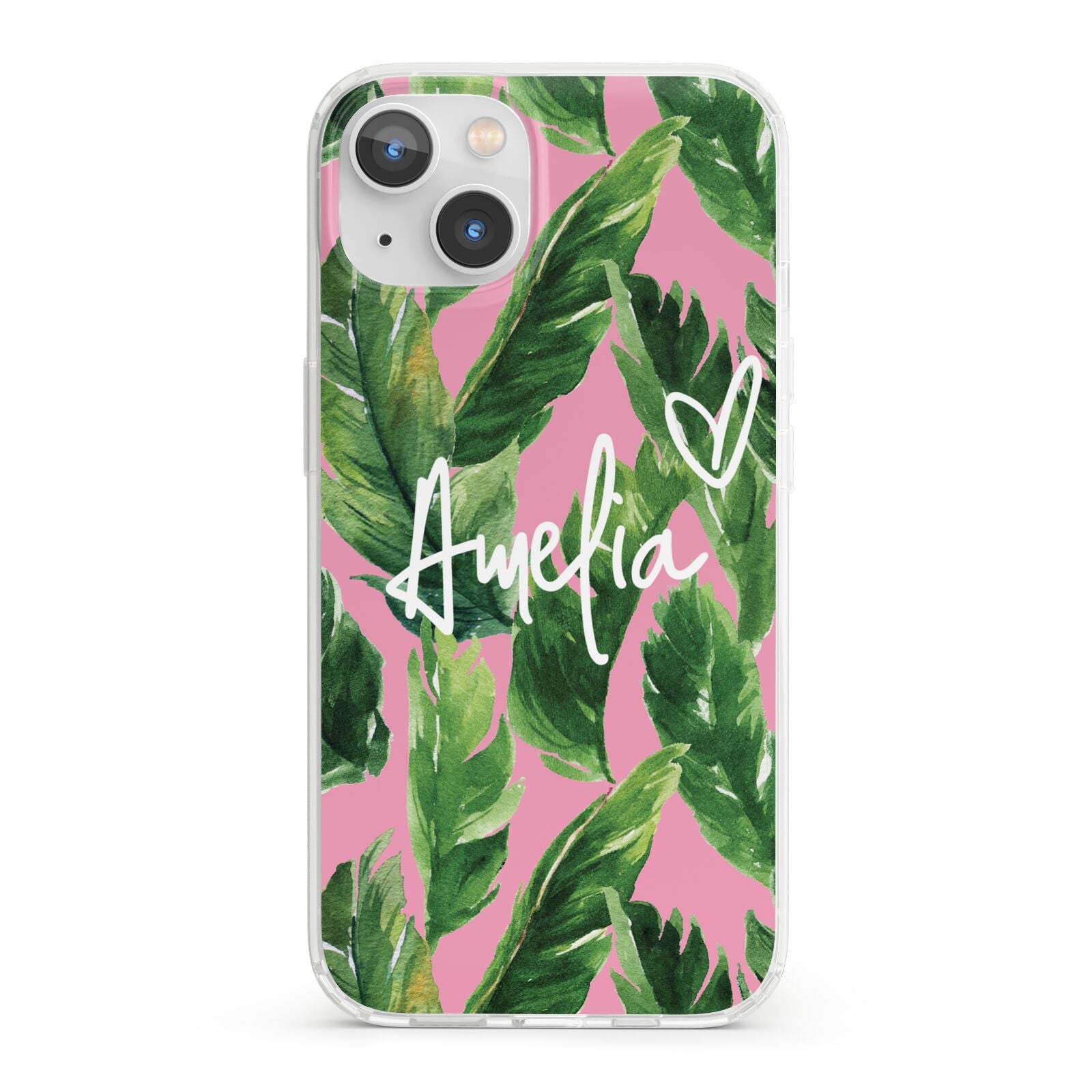 Personalised Pink Green Banana Leaf iPhone 13 Clear Bumper Case