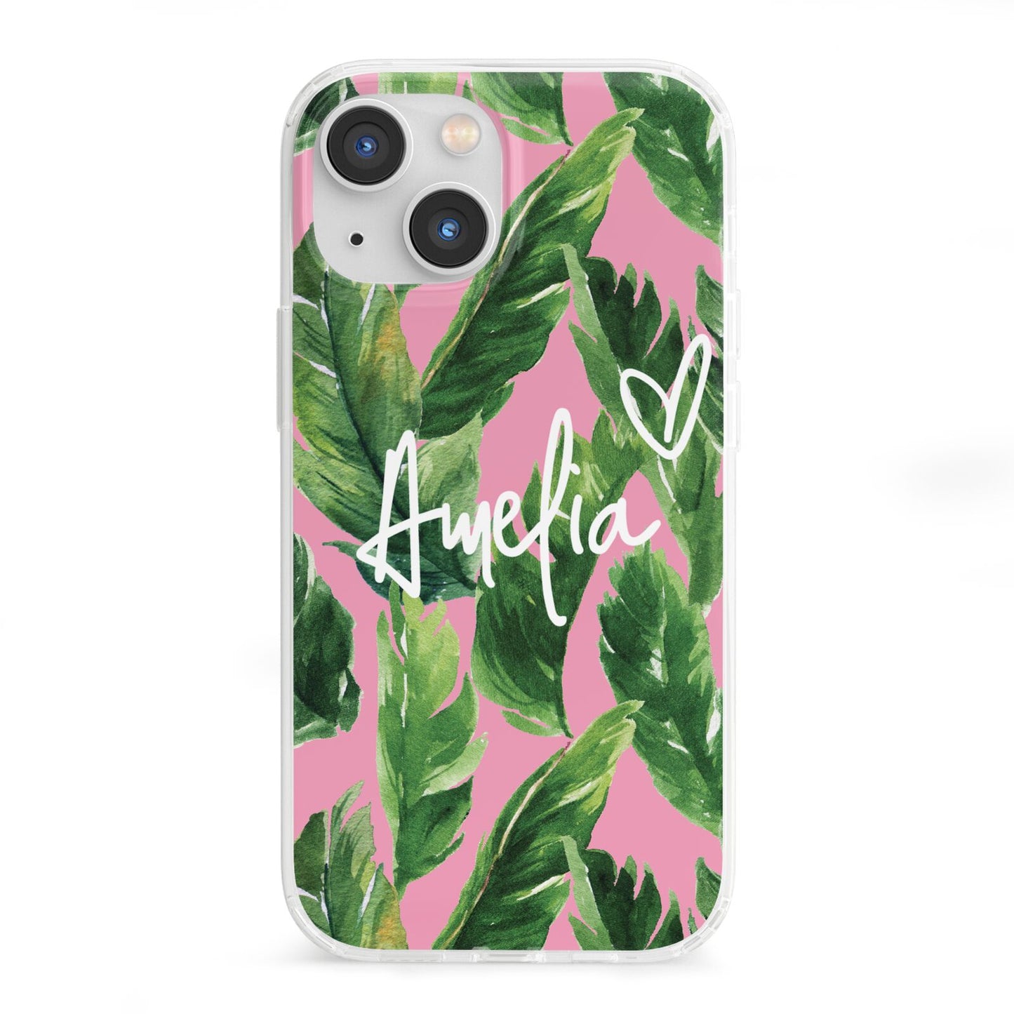 Personalised Pink Green Banana Leaf iPhone 13 Mini Clear Bumper Case