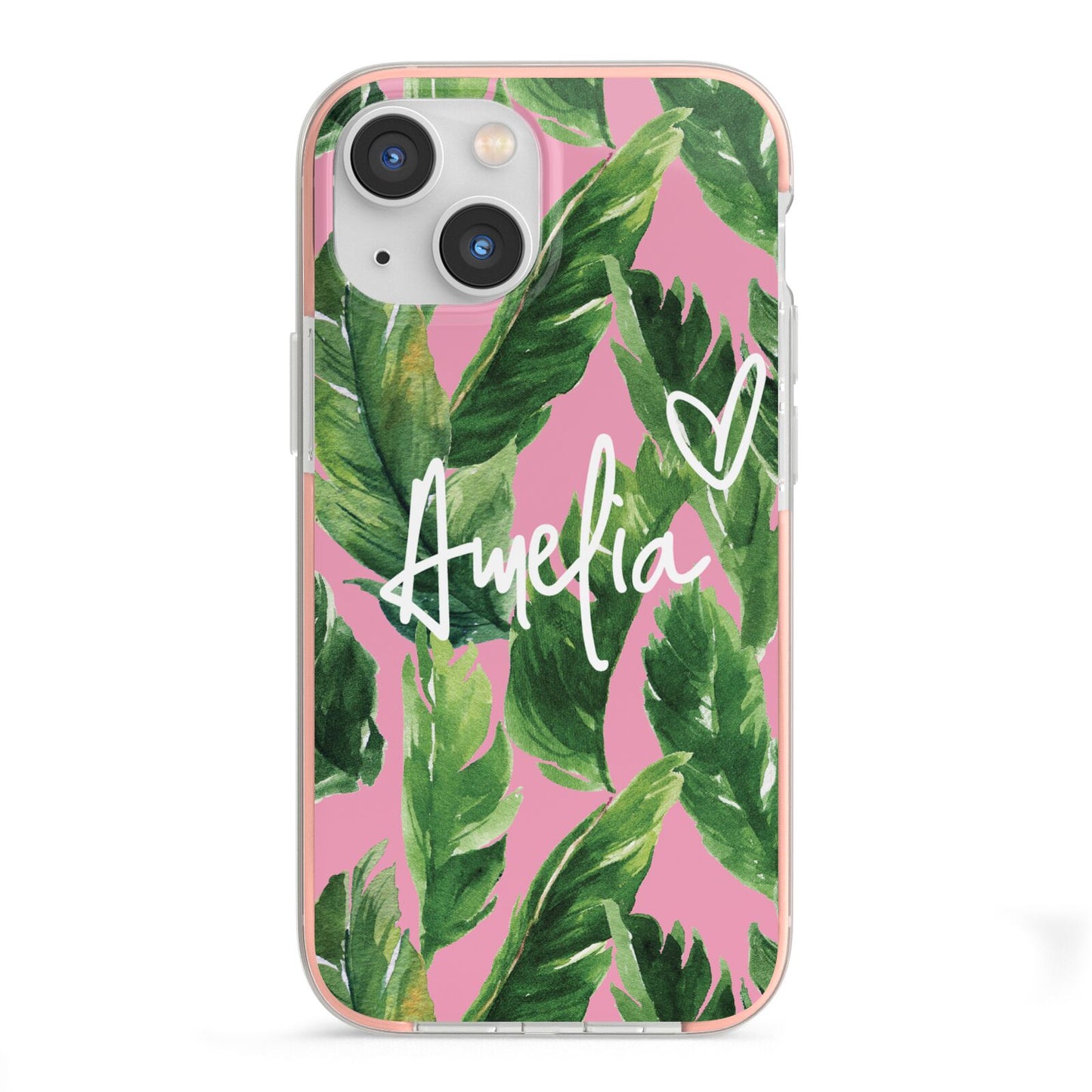 Personalised Pink Green Banana Leaf iPhone 13 Mini TPU Impact Case with Pink Edges