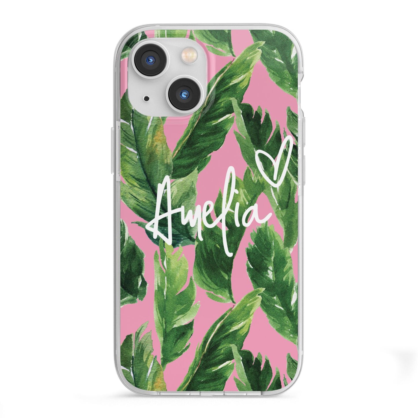 Personalised Pink Green Banana Leaf iPhone 13 Mini TPU Impact Case with White Edges