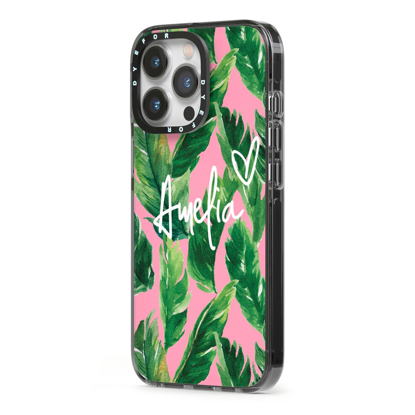 Personalised Pink Green Banana Leaf iPhone 13 Pro Black Impact Case Side Angle on Silver phone