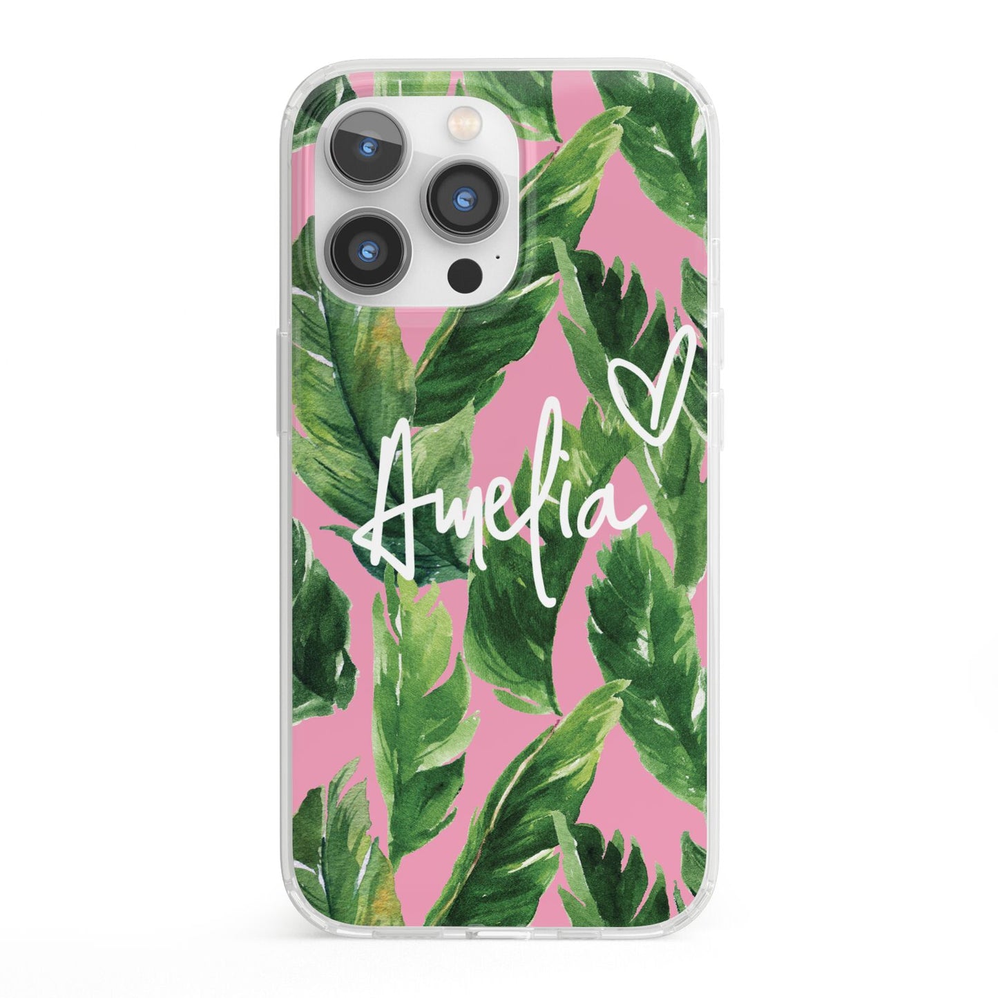 Personalised Pink Green Banana Leaf iPhone 13 Pro Clear Bumper Case