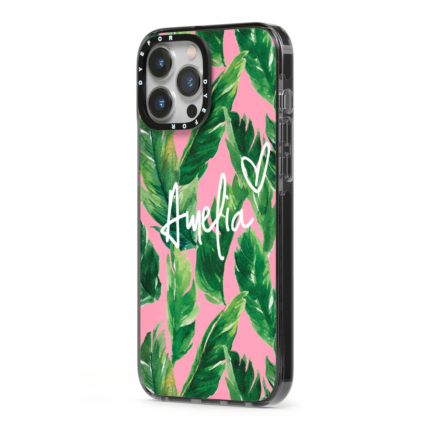 Personalised Pink Green Banana Leaf iPhone 13 Pro Max Black Impact Case Side Angle on Silver phone