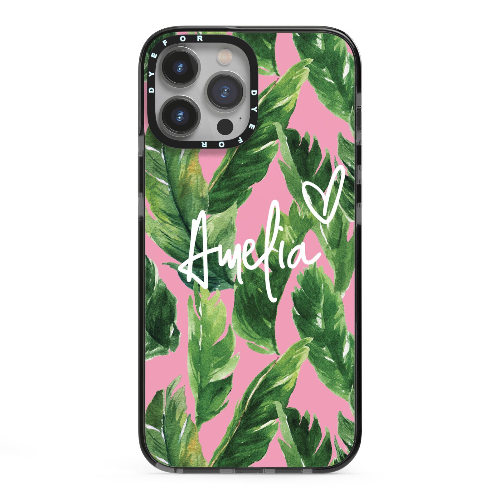 Personalised Pink Green Banana Leaf iPhone 13 Pro Max Black Impact Case on Silver phone