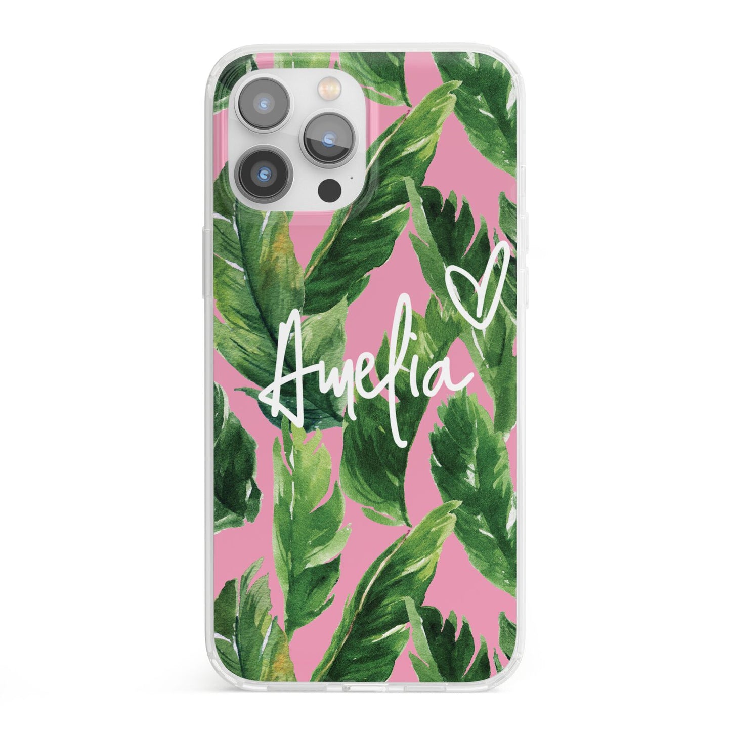 Personalised Pink Green Banana Leaf iPhone 13 Pro Max Clear Bumper Case