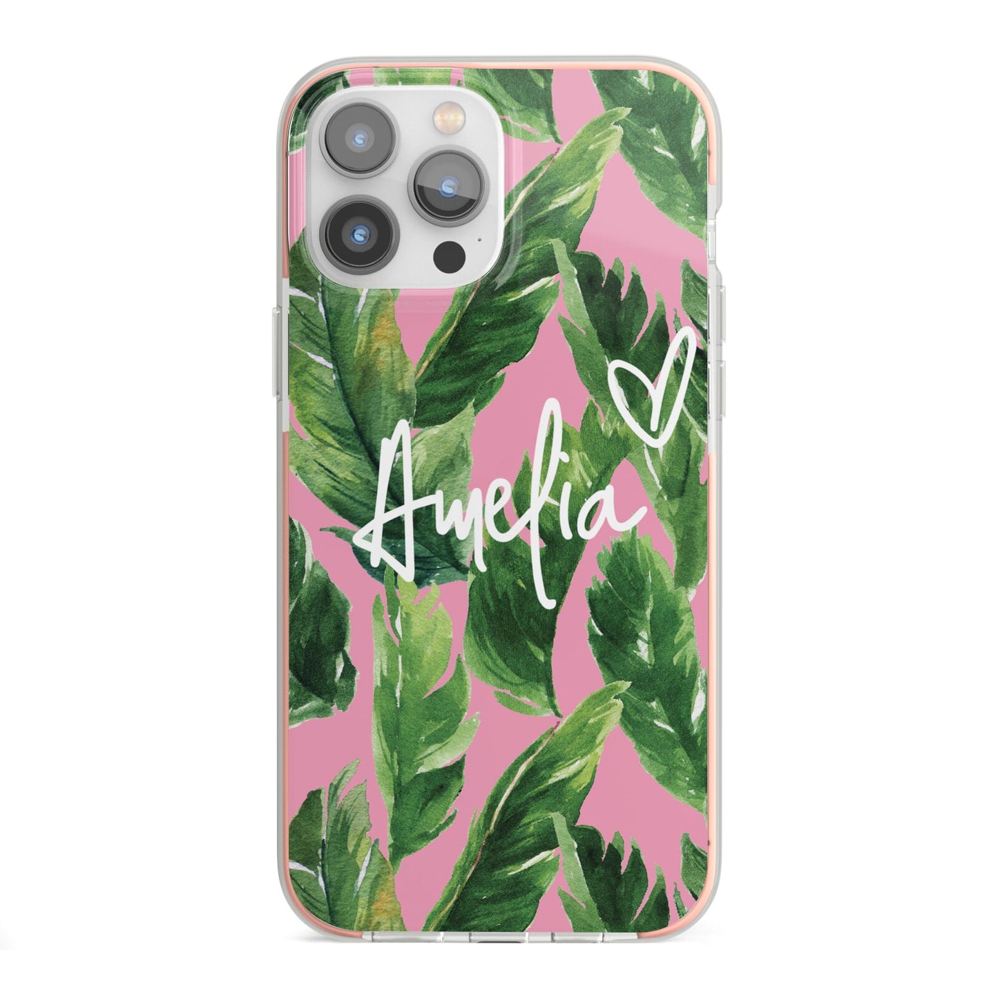 Personalised Pink Green Banana Leaf iPhone 13 Pro Max TPU Impact Case with Pink Edges