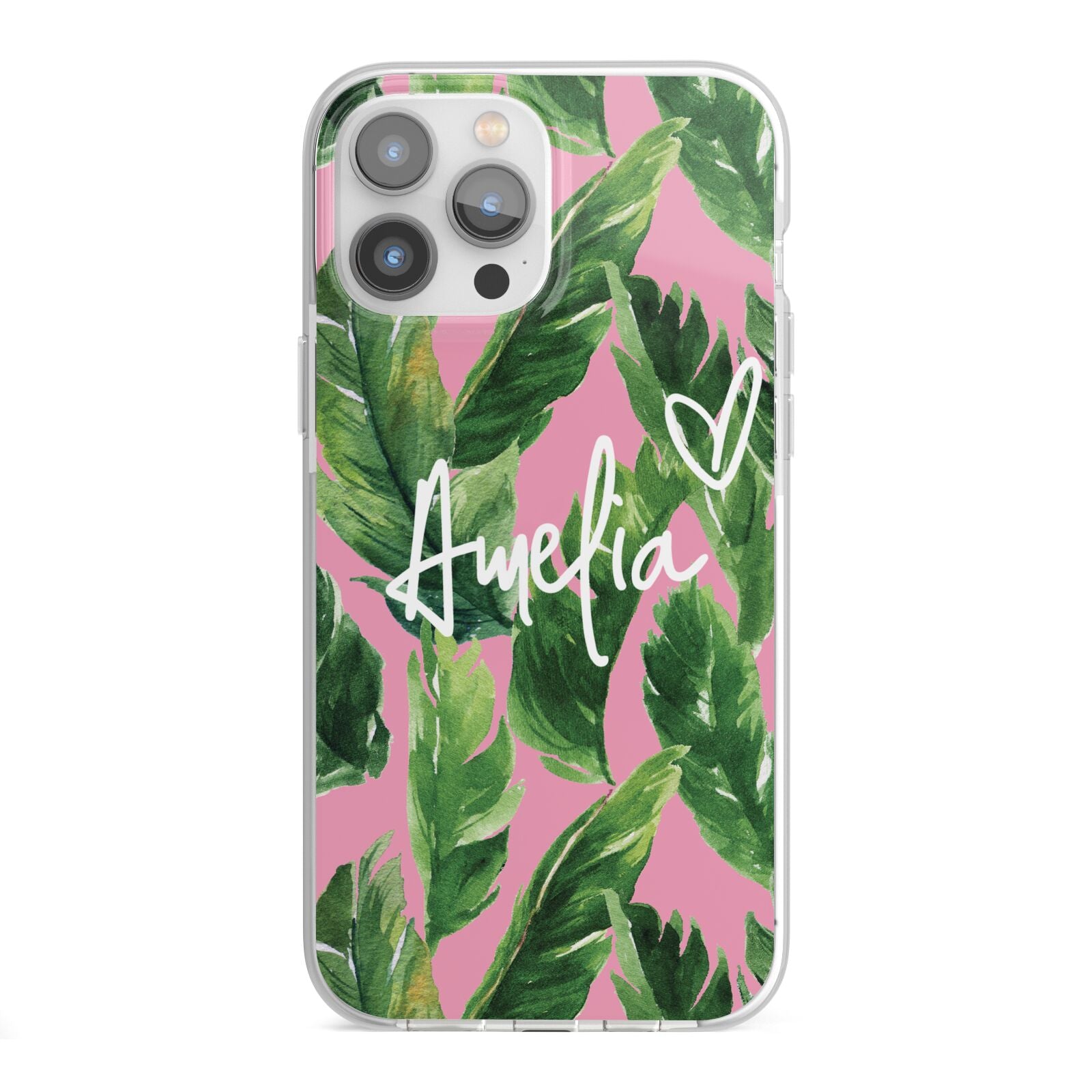 Personalised Pink Green Banana Leaf iPhone 13 Pro Max TPU Impact Case with White Edges