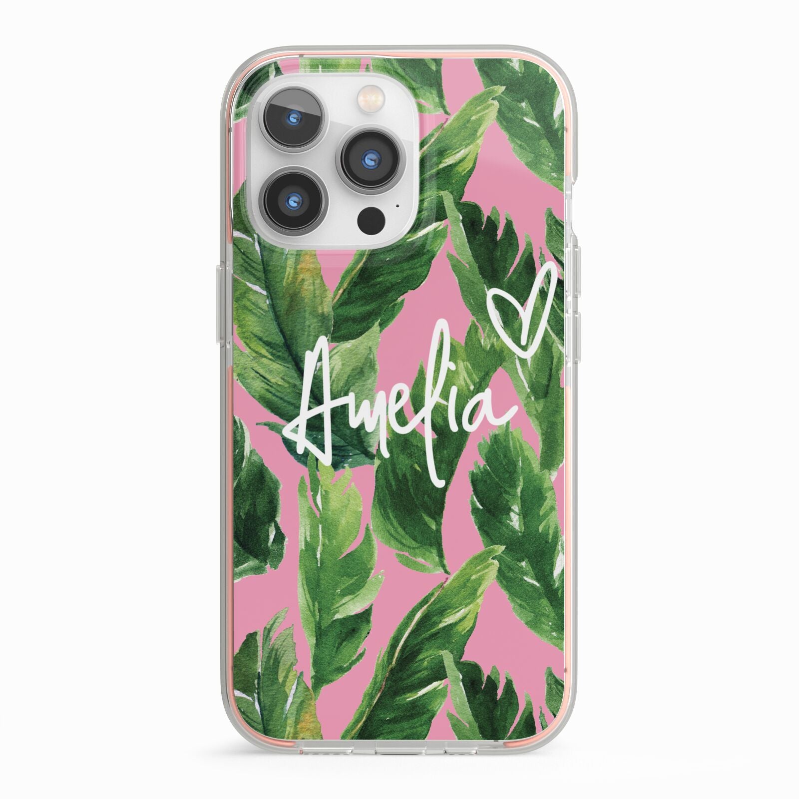 Personalised Pink Green Banana Leaf iPhone 13 Pro TPU Impact Case with Pink Edges