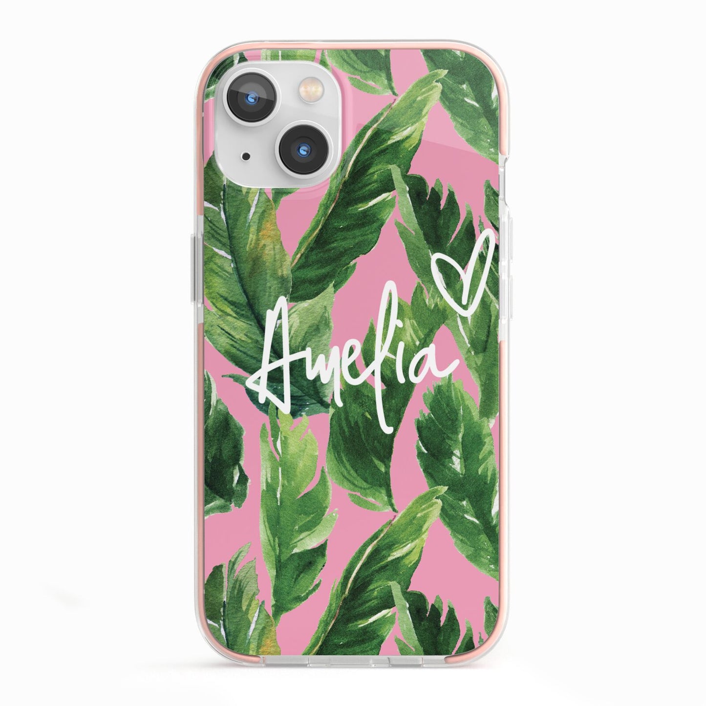 Personalised Pink Green Banana Leaf iPhone 13 TPU Impact Case with Pink Edges