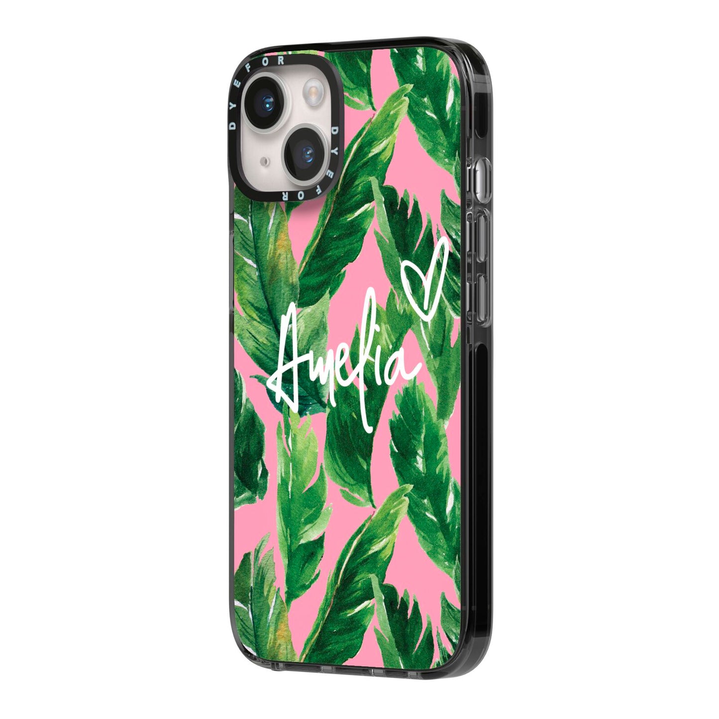 Personalised Pink Green Banana Leaf iPhone 14 Black Impact Case Side Angle on Silver phone