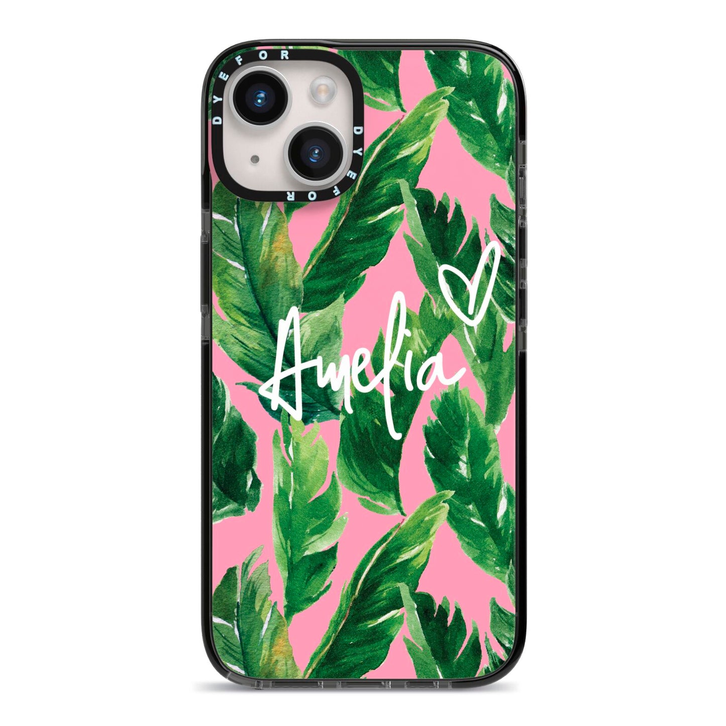 Personalised Pink Green Banana Leaf iPhone 14 Black Impact Case on Silver phone