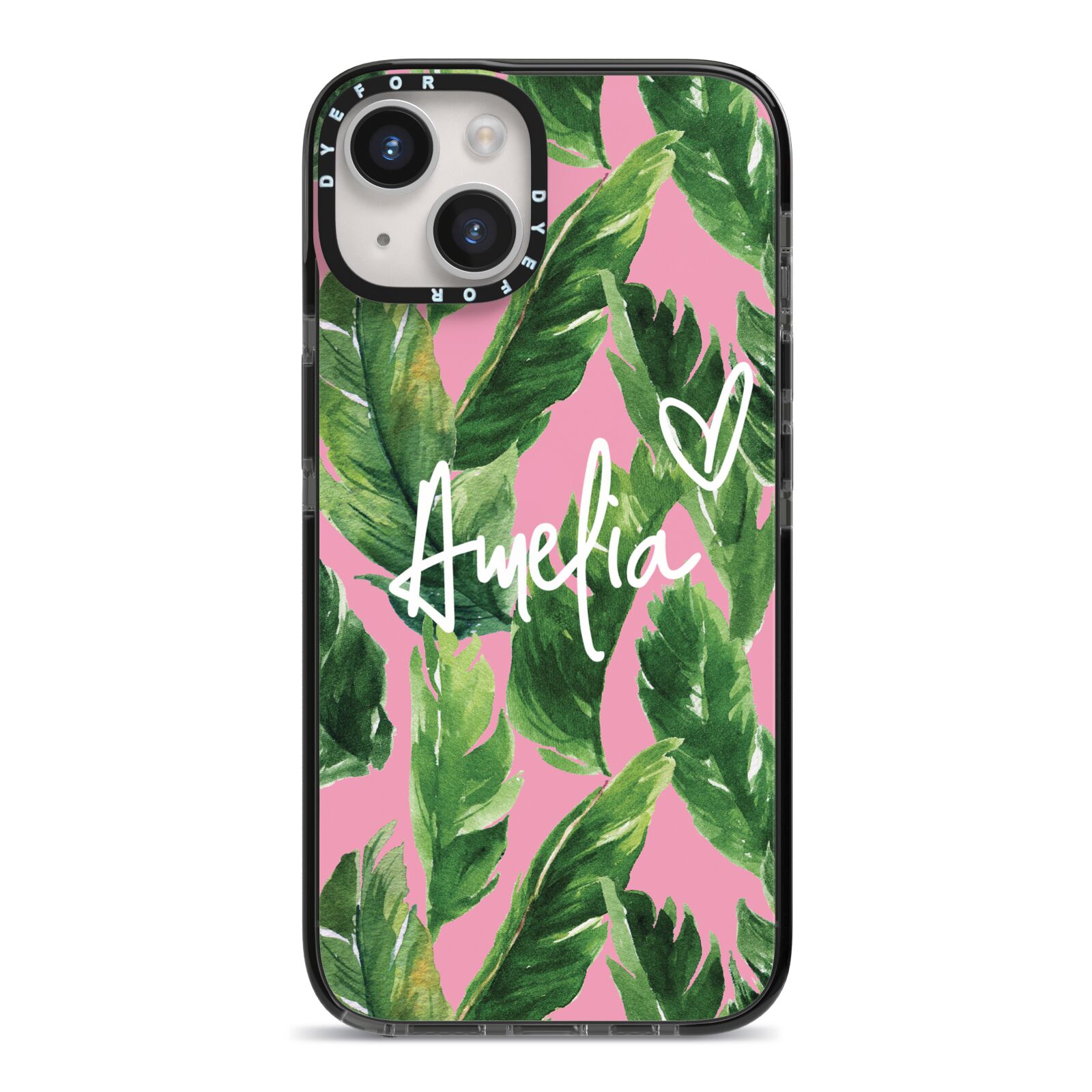 Personalised Pink Green Banana Leaf iPhone 14 Black Impact Case on Silver phone