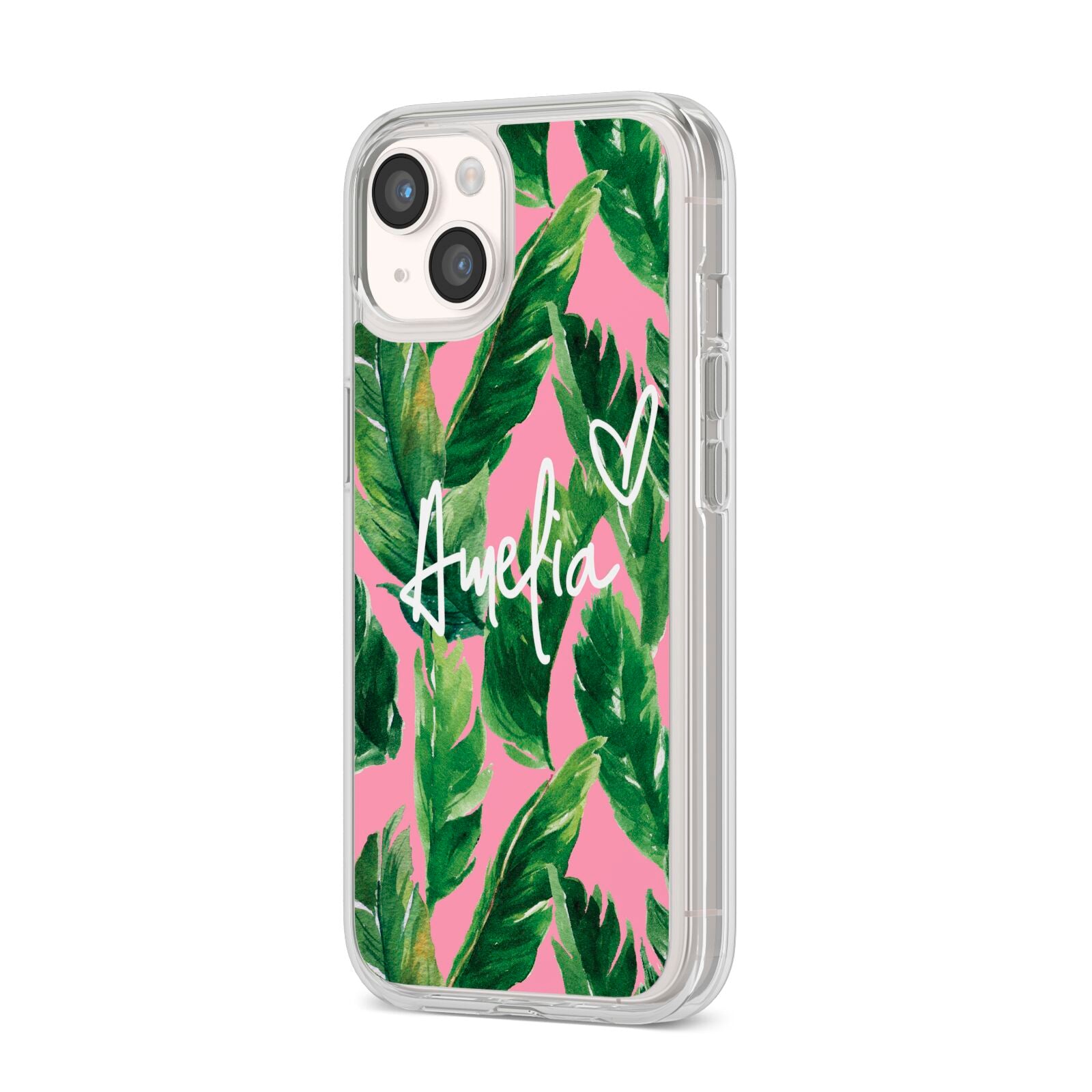 Personalised Pink Green Banana Leaf iPhone 14 Clear Tough Case Starlight Angled Image