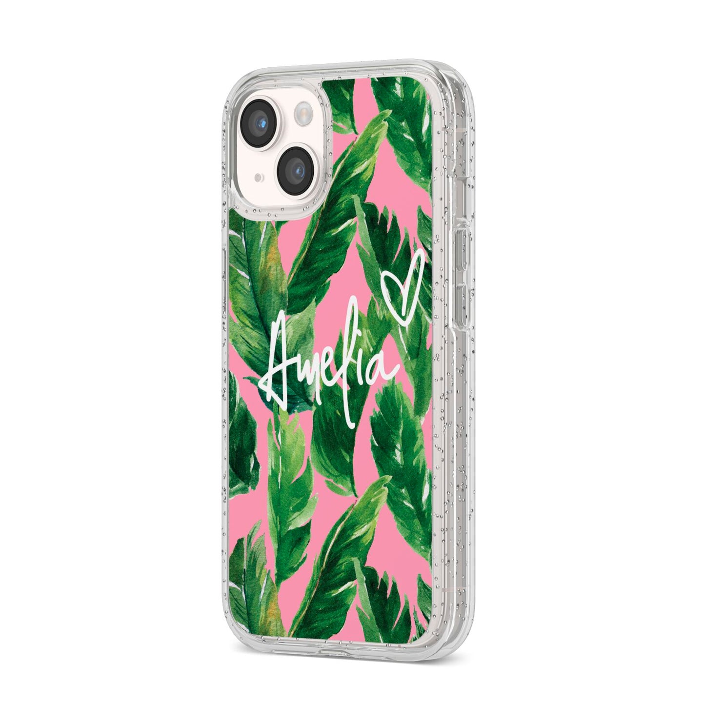 Personalised Pink Green Banana Leaf iPhone 14 Glitter Tough Case Starlight Angled Image