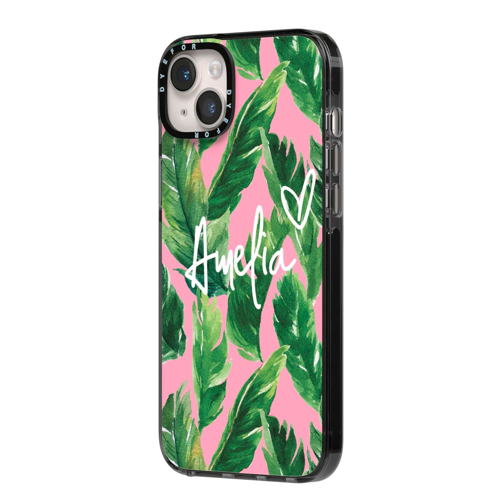 Personalised Pink Green Banana Leaf iPhone 14 Plus Black Impact Case Side Angle on Silver phone