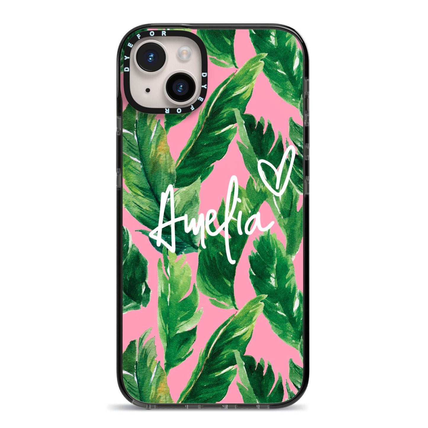 Personalised Pink Green Banana Leaf iPhone 14 Plus Black Impact Case on Silver phone