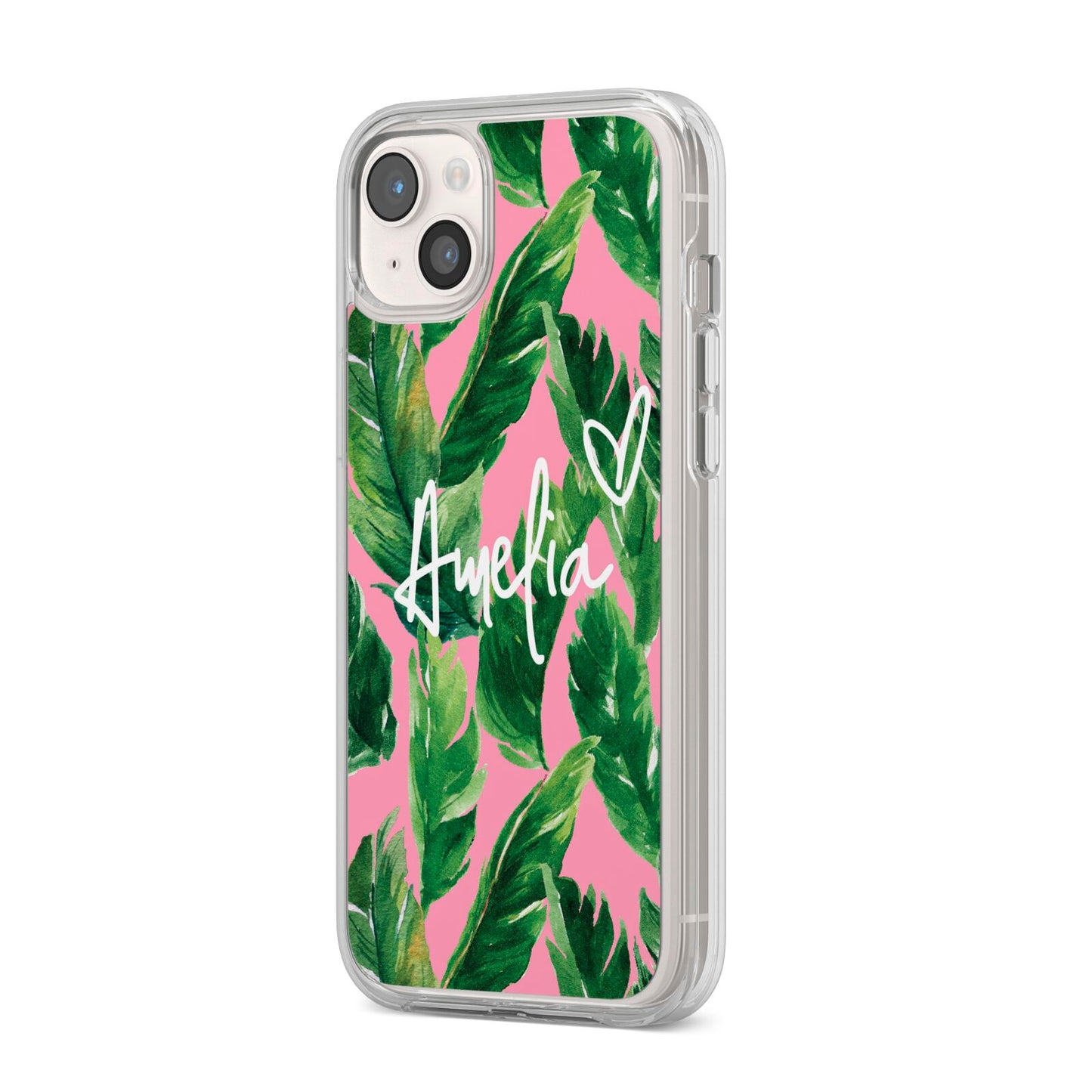 Personalised Pink Green Banana Leaf iPhone 14 Plus Clear Tough Case Starlight Angled Image