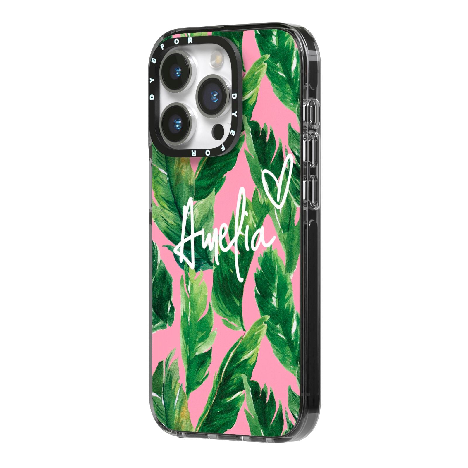 Personalised Pink Green Banana Leaf iPhone 14 Pro Black Impact Case Side Angle on Silver phone