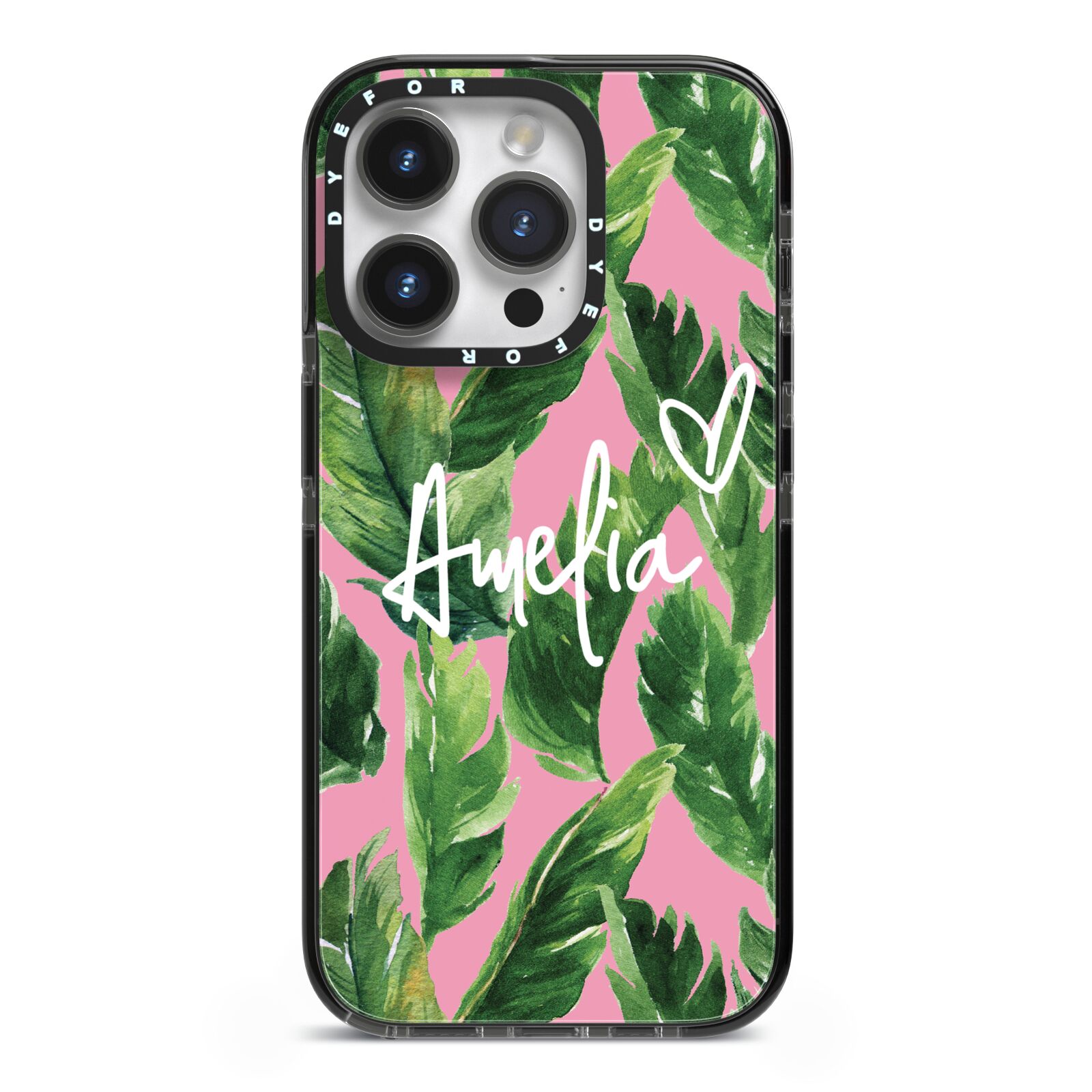 Personalised Pink Green Banana Leaf iPhone 14 Pro Black Impact Case on Silver phone