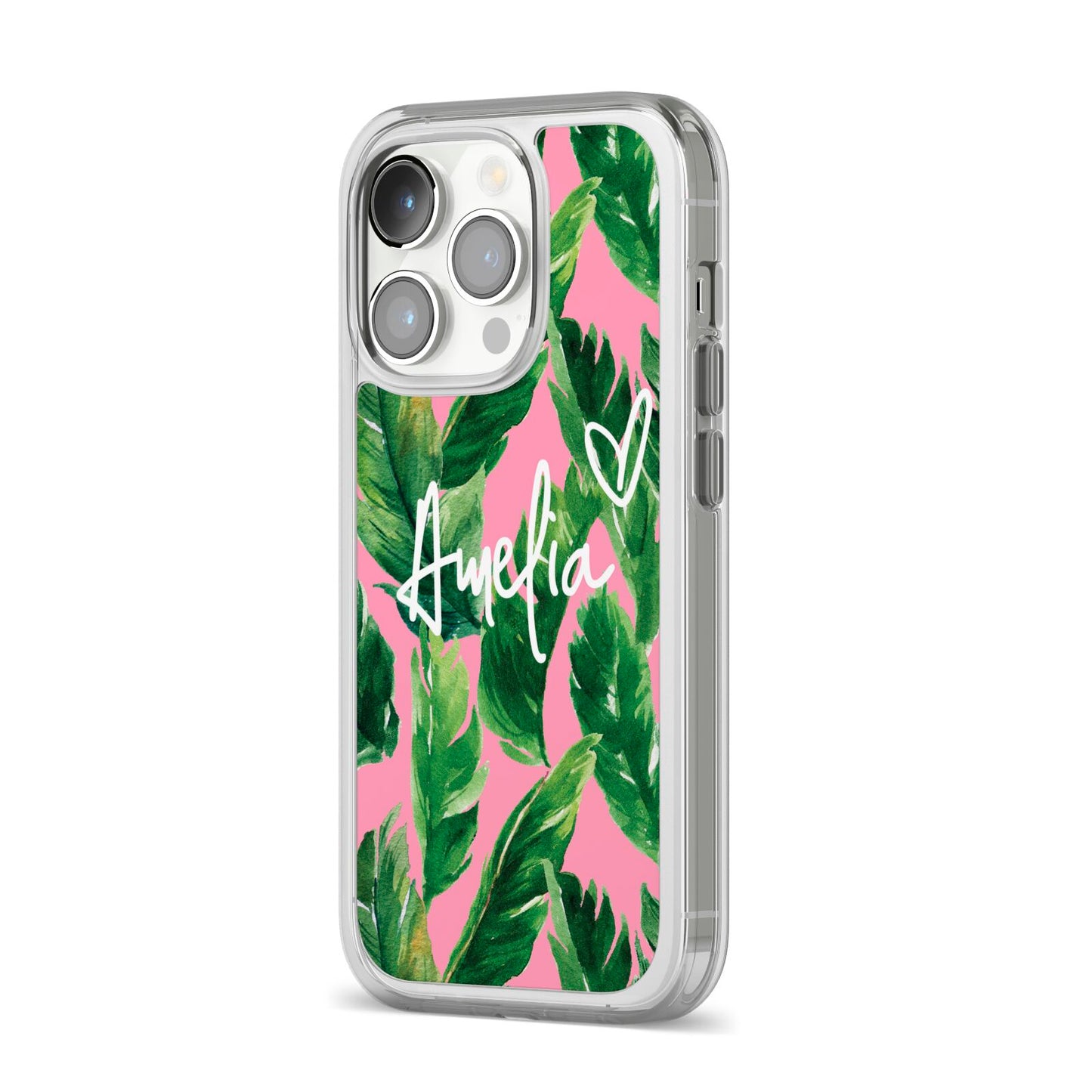 Personalised Pink Green Banana Leaf iPhone 14 Pro Clear Tough Case Silver Angled Image