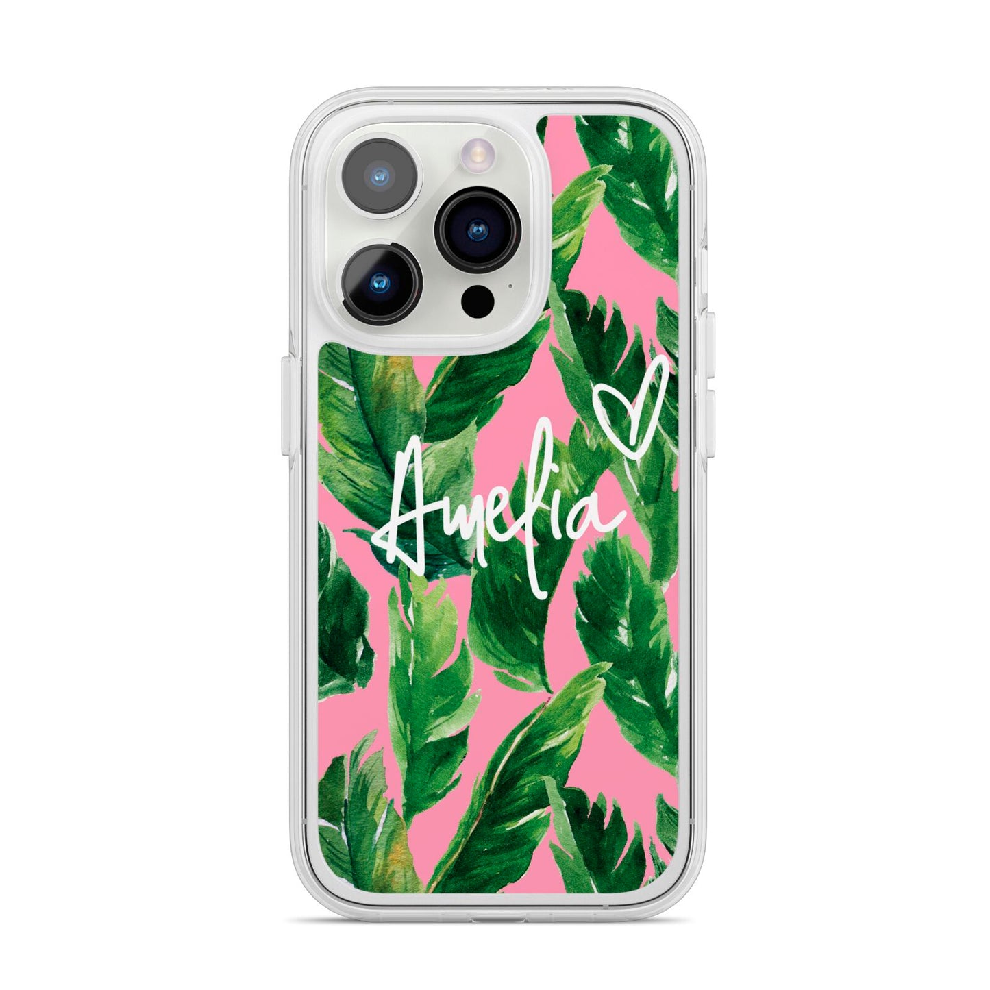 Personalised Pink Green Banana Leaf iPhone 14 Pro Clear Tough Case Silver