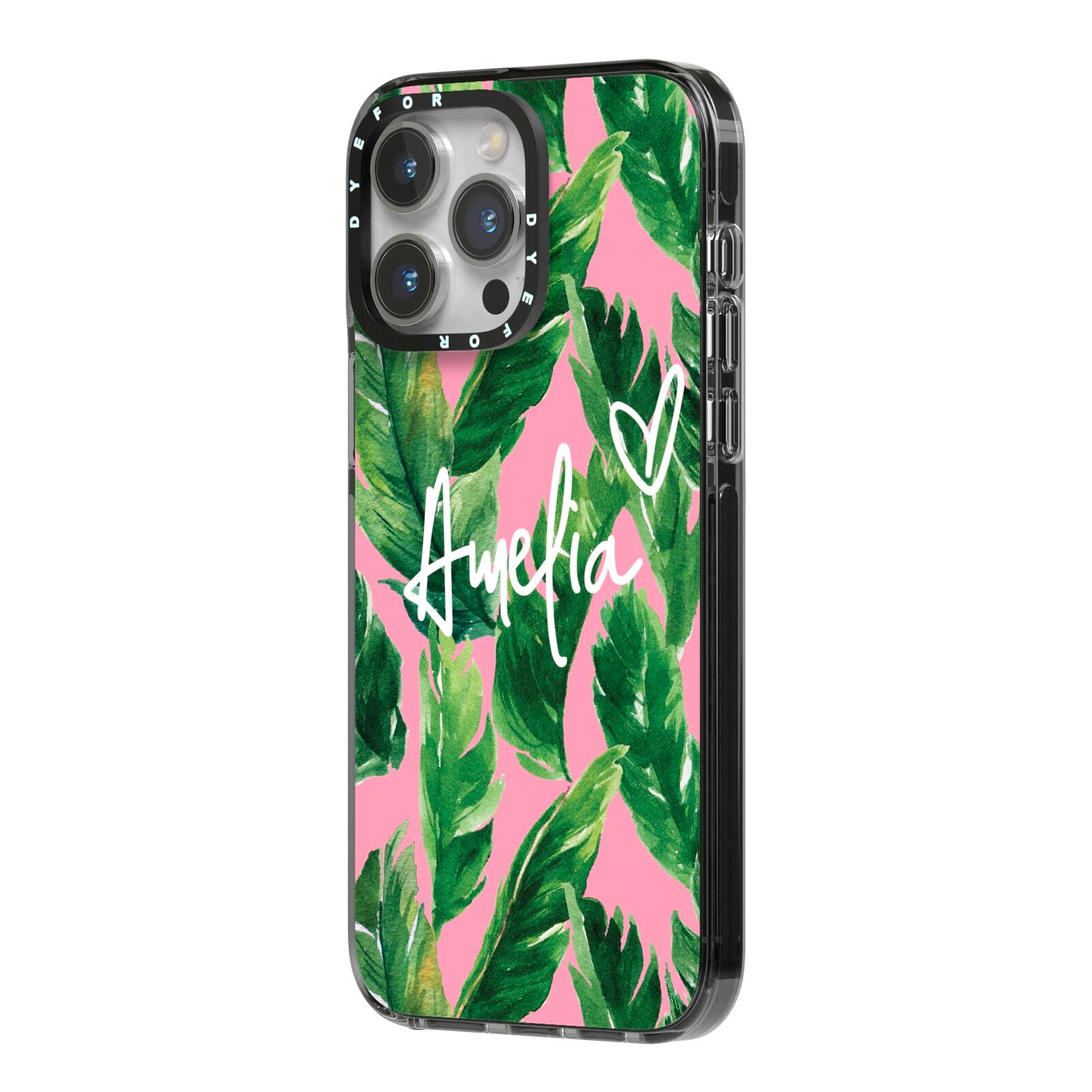 Personalised Pink Green Banana Leaf iPhone 14 Pro Max Black Impact Case Side Angle on Silver phone