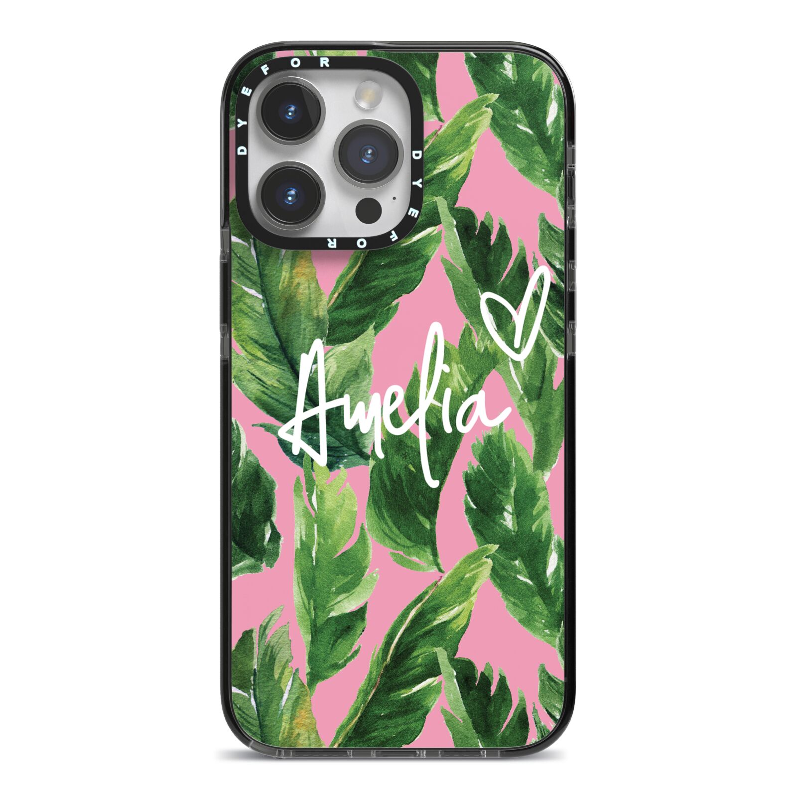 Personalised Pink Green Banana Leaf iPhone 14 Pro Max Black Impact Case on Silver phone