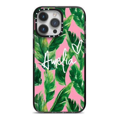 Personalised Pink Green Banana Leaf iPhone 14 Pro Max Black Impact Case on Silver phone