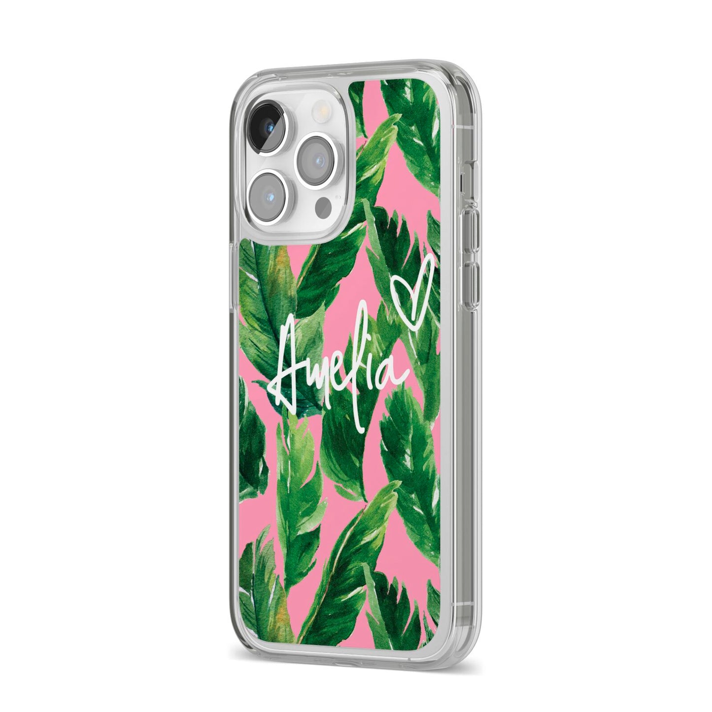 Personalised Pink Green Banana Leaf iPhone 14 Pro Max Clear Tough Case Silver Angled Image