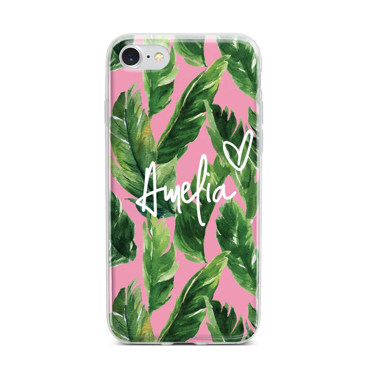 Personalised Pink Green Banana Leaf iPhone 7 Bumper Case on Silver iPhone