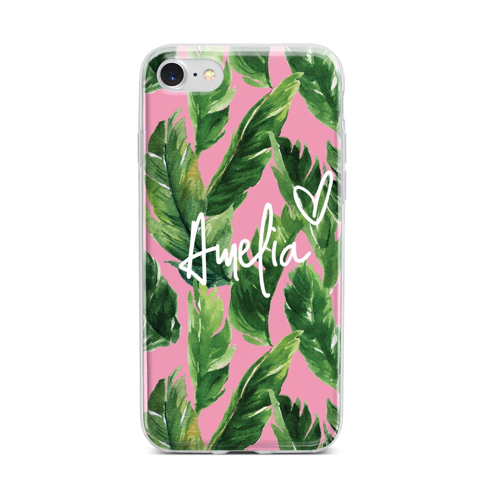 Personalised Pink Green Banana Leaf iPhone 7 Bumper Case on Silver iPhone