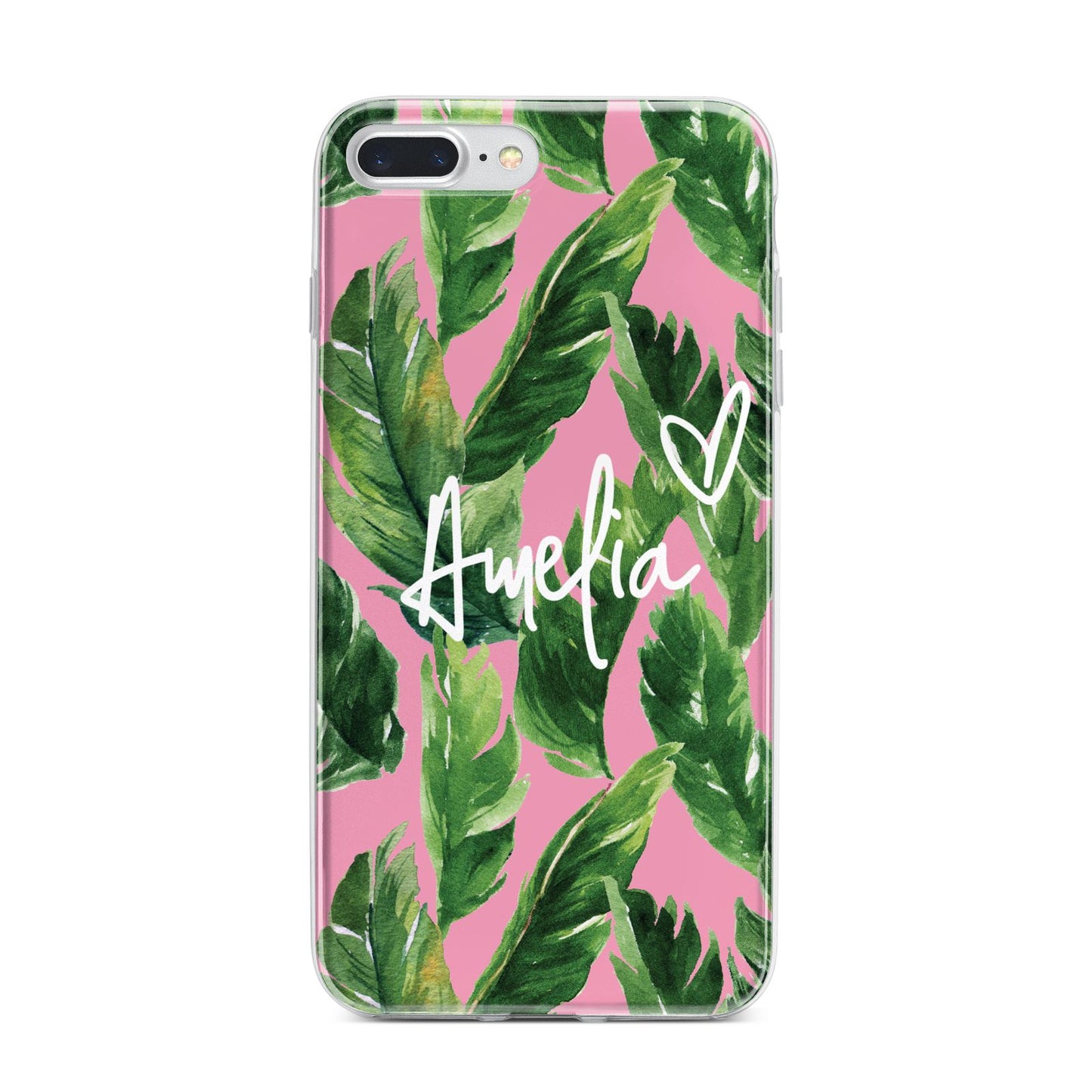 Personalised Pink Green Banana Leaf iPhone 7 Plus Bumper Case on Silver iPhone