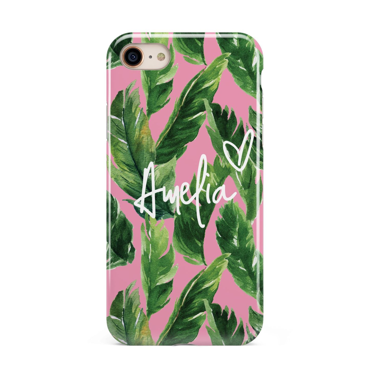 Personalised Pink Green Banana Leaf iPhone 8 3D Tough Case on Gold Phone